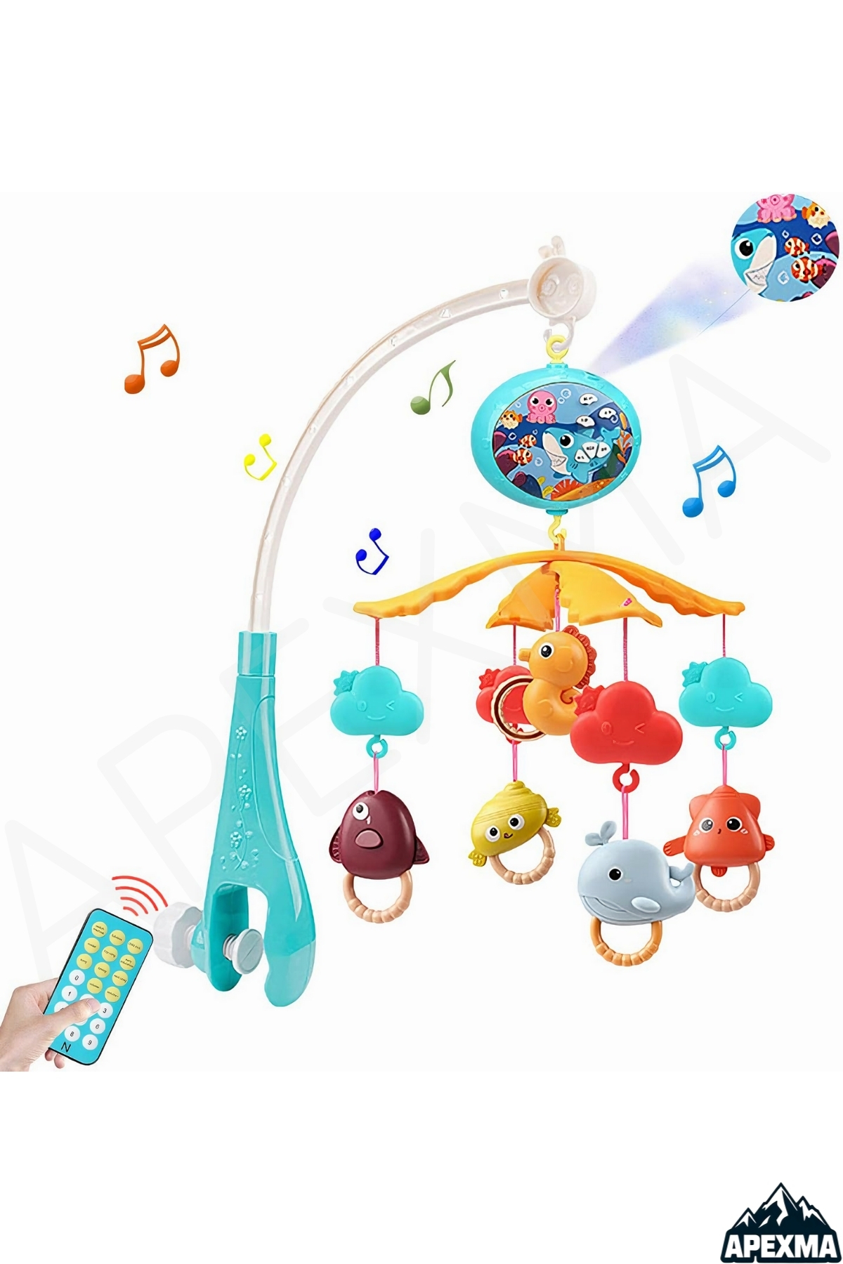 Apexma Pilli Işıklı Müzikli Kumandalı Projektörlü Sabitlemeli Çıngıraklı Dönence - Bebek Uyku Arkadaşı fotoğrafı 4 (önizleme)