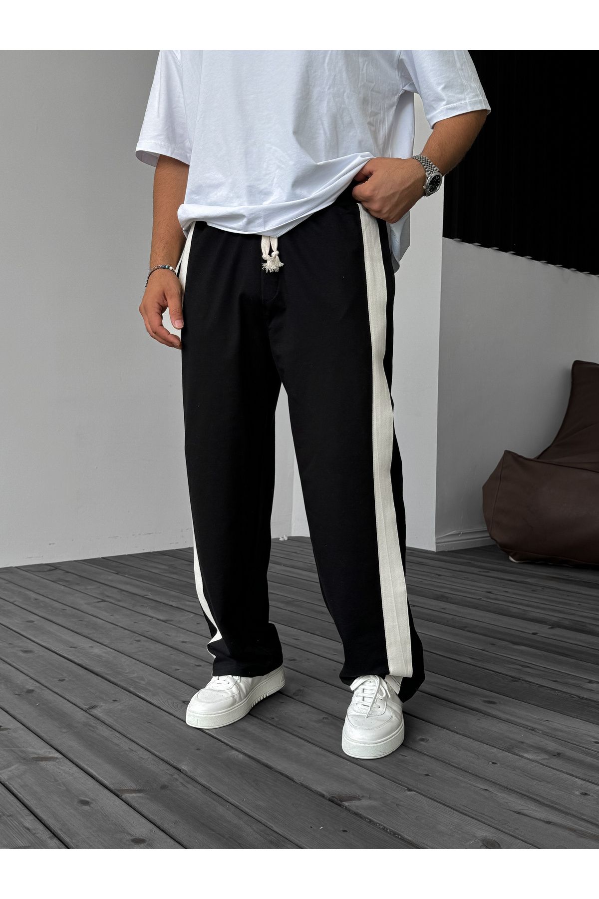 BYBASICMAN-Black Wicker Stripe Pipe Leg Sweatpants Jj-065 4