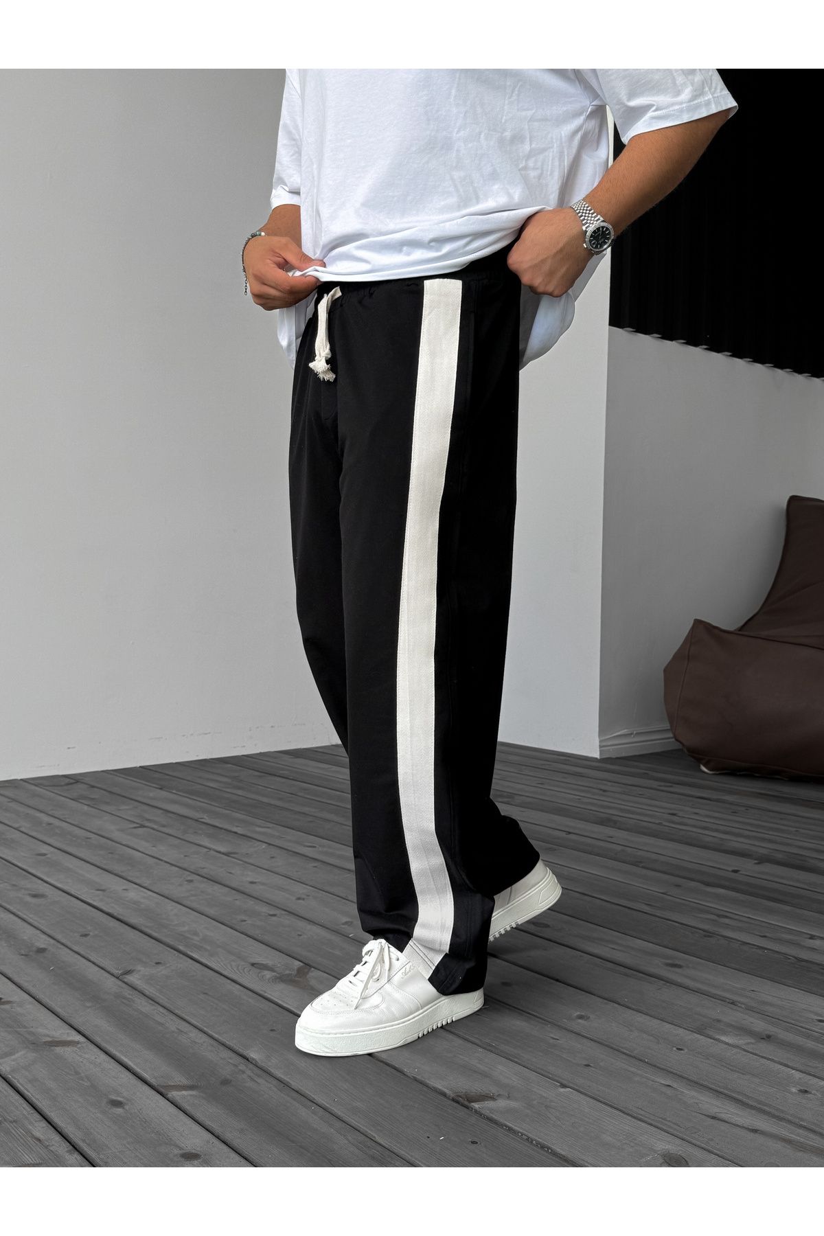 BYBASICMAN-Black Wicker Stripe Pipe Leg Sweatpants Jj-065 3