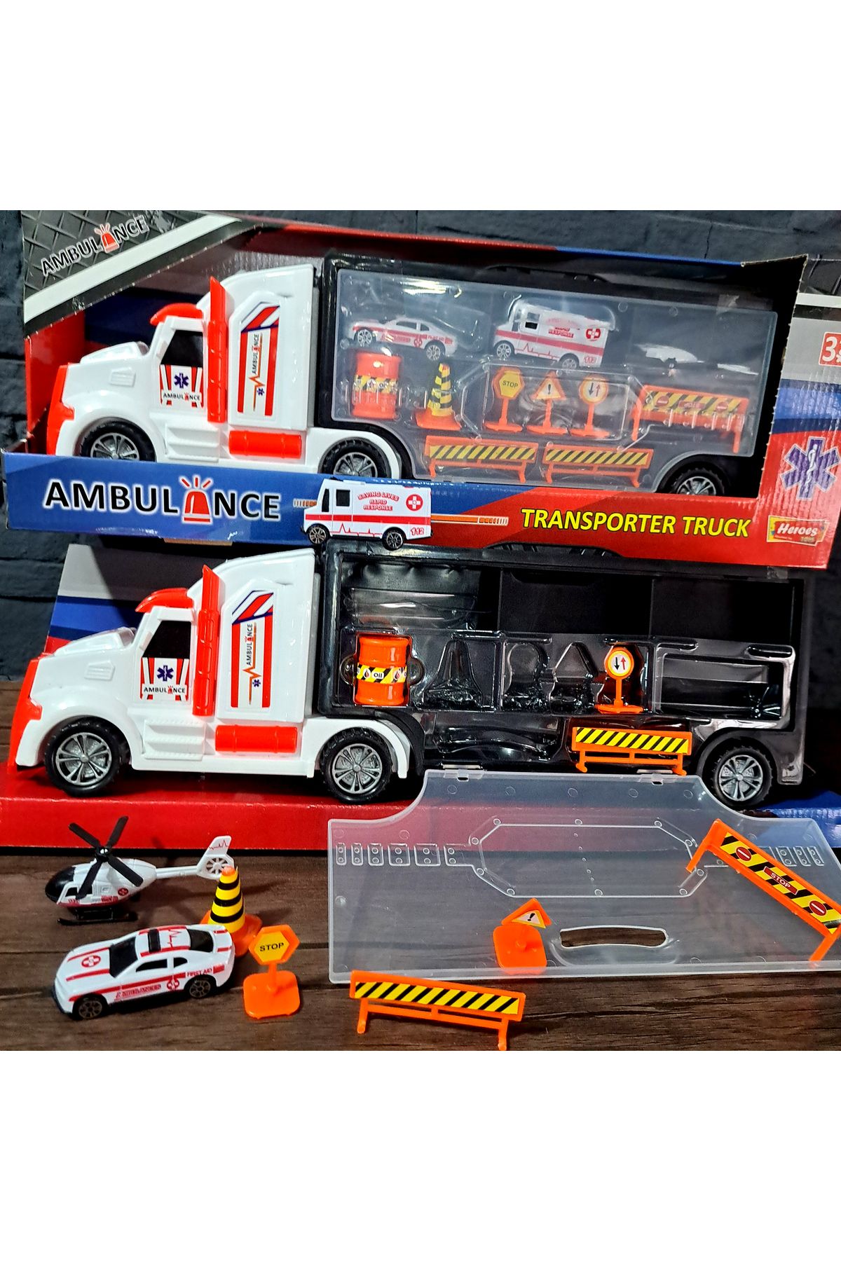 ALYTOYS Oyuncak Tır AMBULANS TIR 2 Kapaklı Çantalı ve Kaydırkalı ARABALAR ve TRAFİK SET Taşıyor 45x16cm