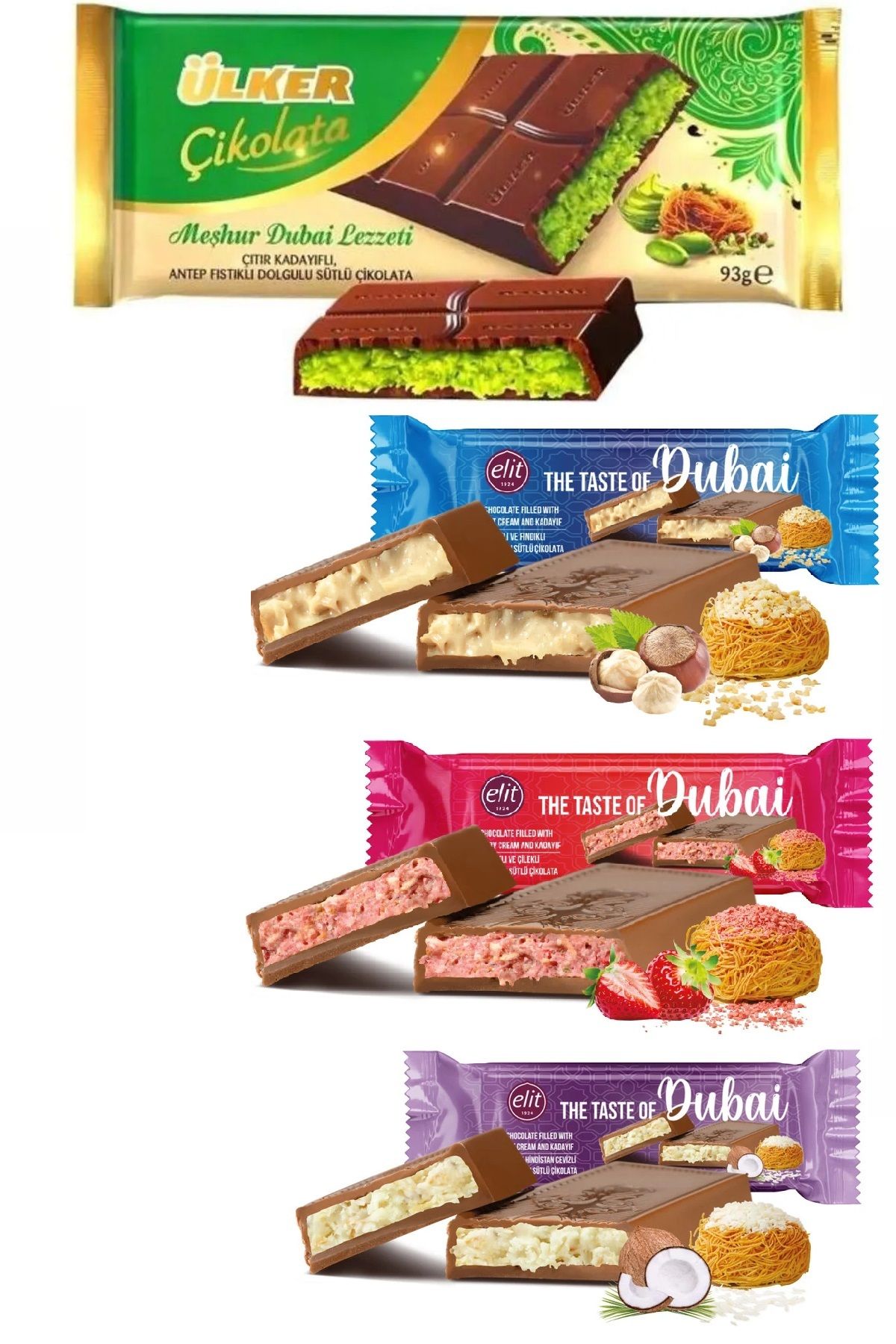 Ülker ÜLKER DUBAİ ÇİKOLATASI 93 GR VE ELİT DUBAİ ÇİKOLATASI 30 GR X 3 ADET (4 FARKLI LEZZET)