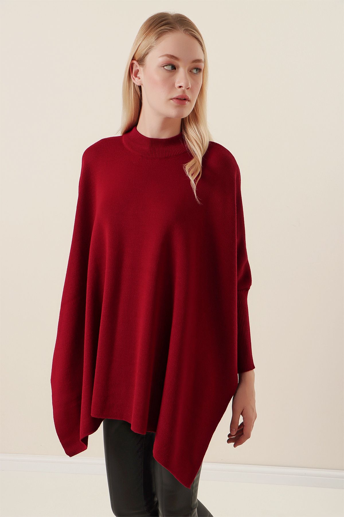 Bigdart-Claret Red Oversize Poncho Sweater - Side Slit 4