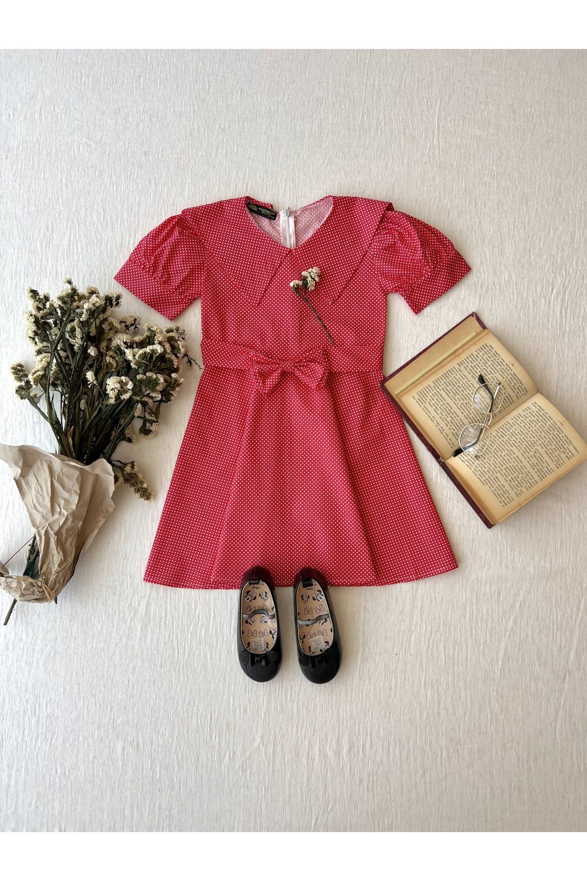 KÜÇÜĞÜM BUTİK-Red Polka Dot Collar Girl's Poplin Dress 3