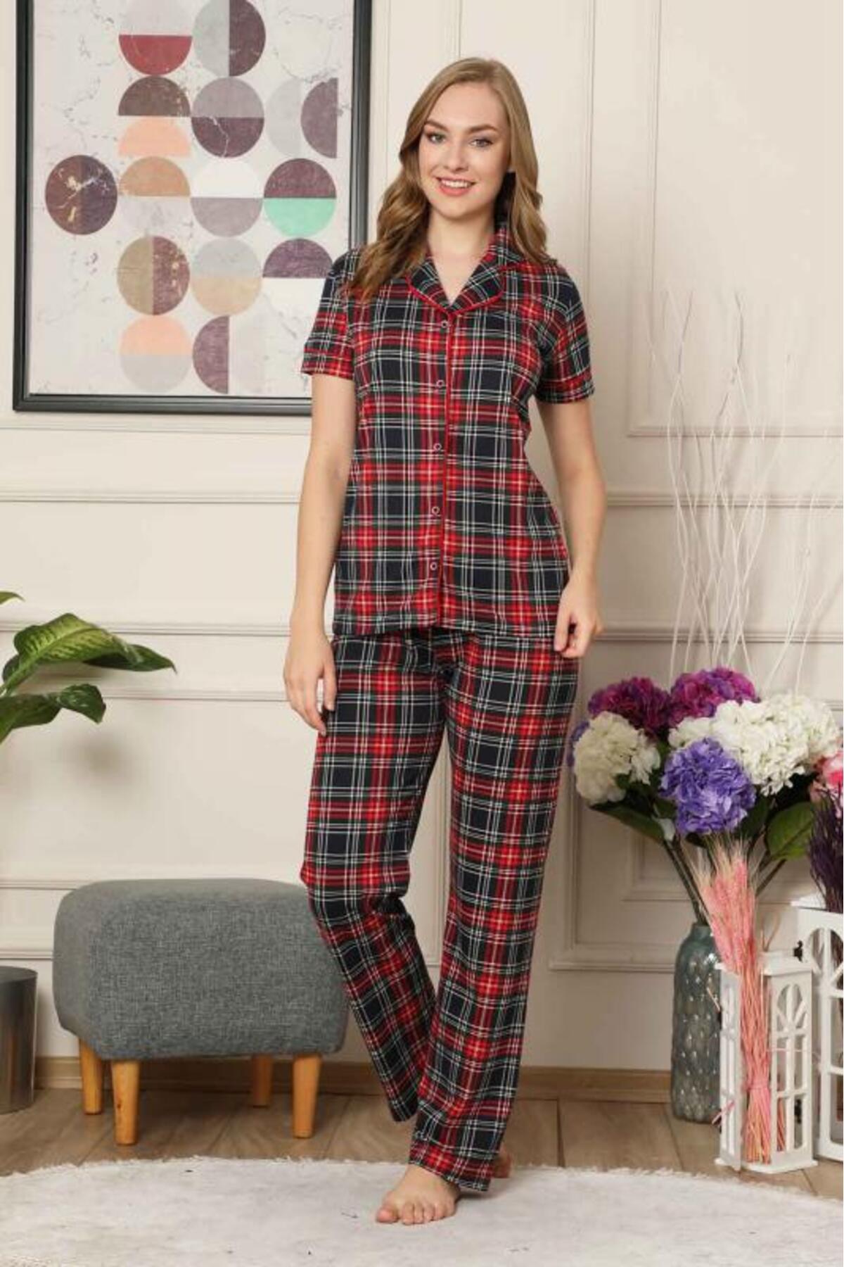 ALİMER-Checkered Front Buttoned Short Sleeve Lycra Viscose Pajama Set 2523Ky 1