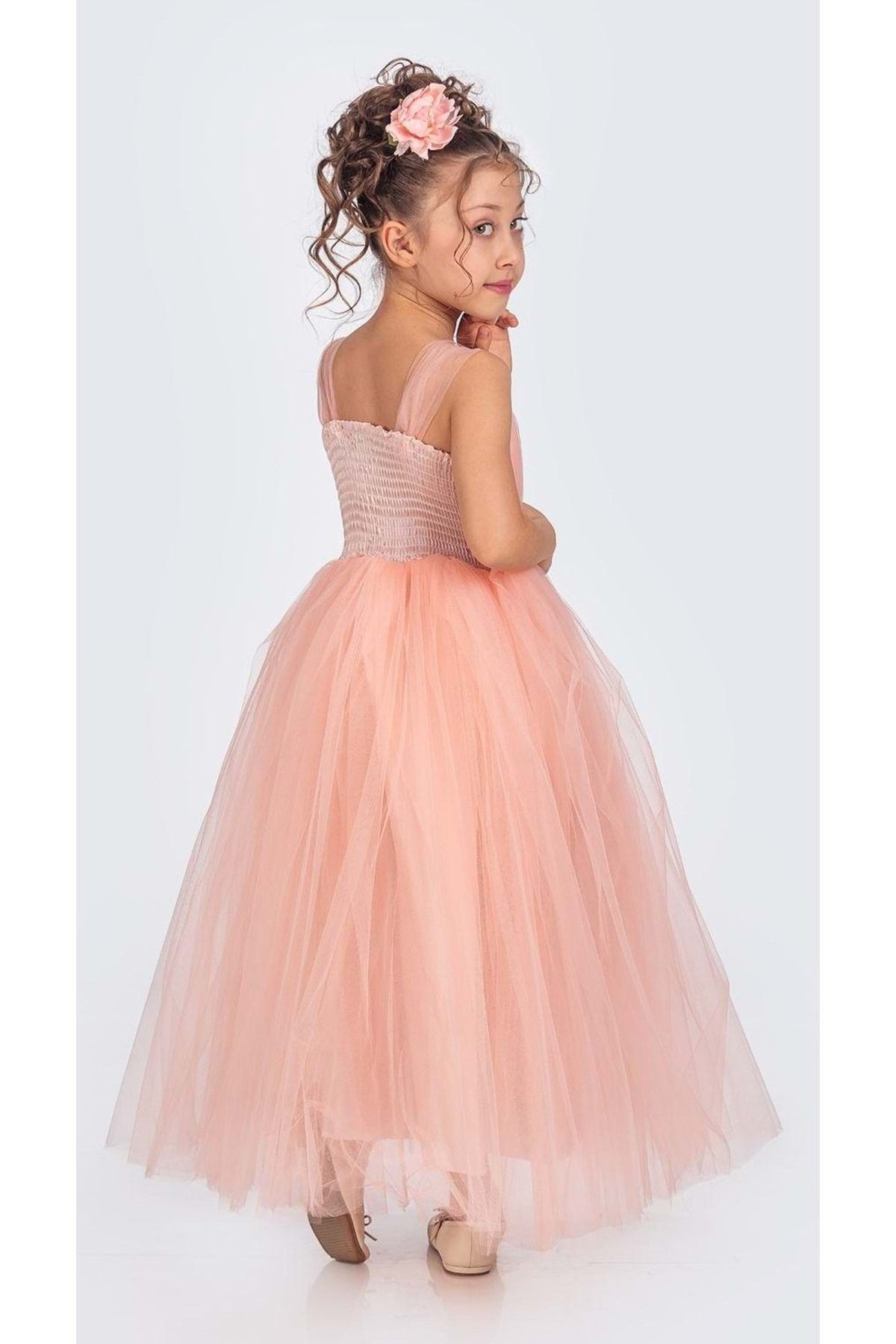 Mnk-Rochie de petrecere din satin pentru fete - 0340 Salmon cu spate Gipeli si fusta tutu 4