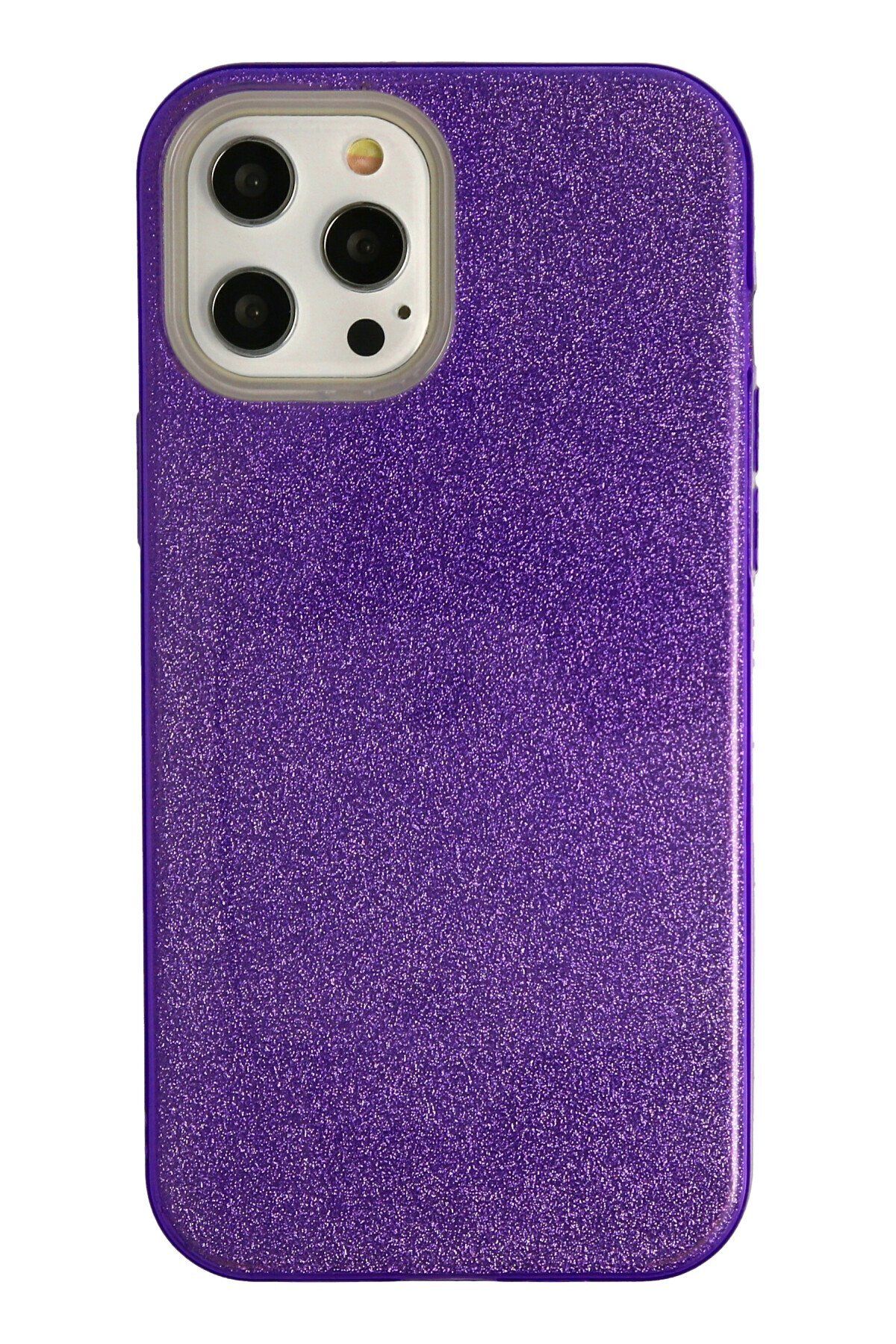 NewFace iPhone 12 Pro Max Uyumlu Kılıf Simli Katmanlı Silikon - Mor MRAYD