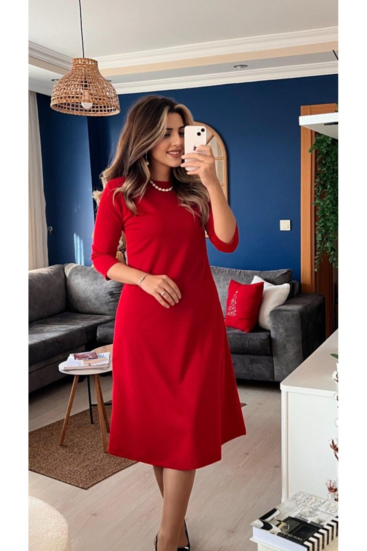 MRA Fashion Kadın Uzun Kollu Bisiklet Yaka Midi Ithal Krep Elbise