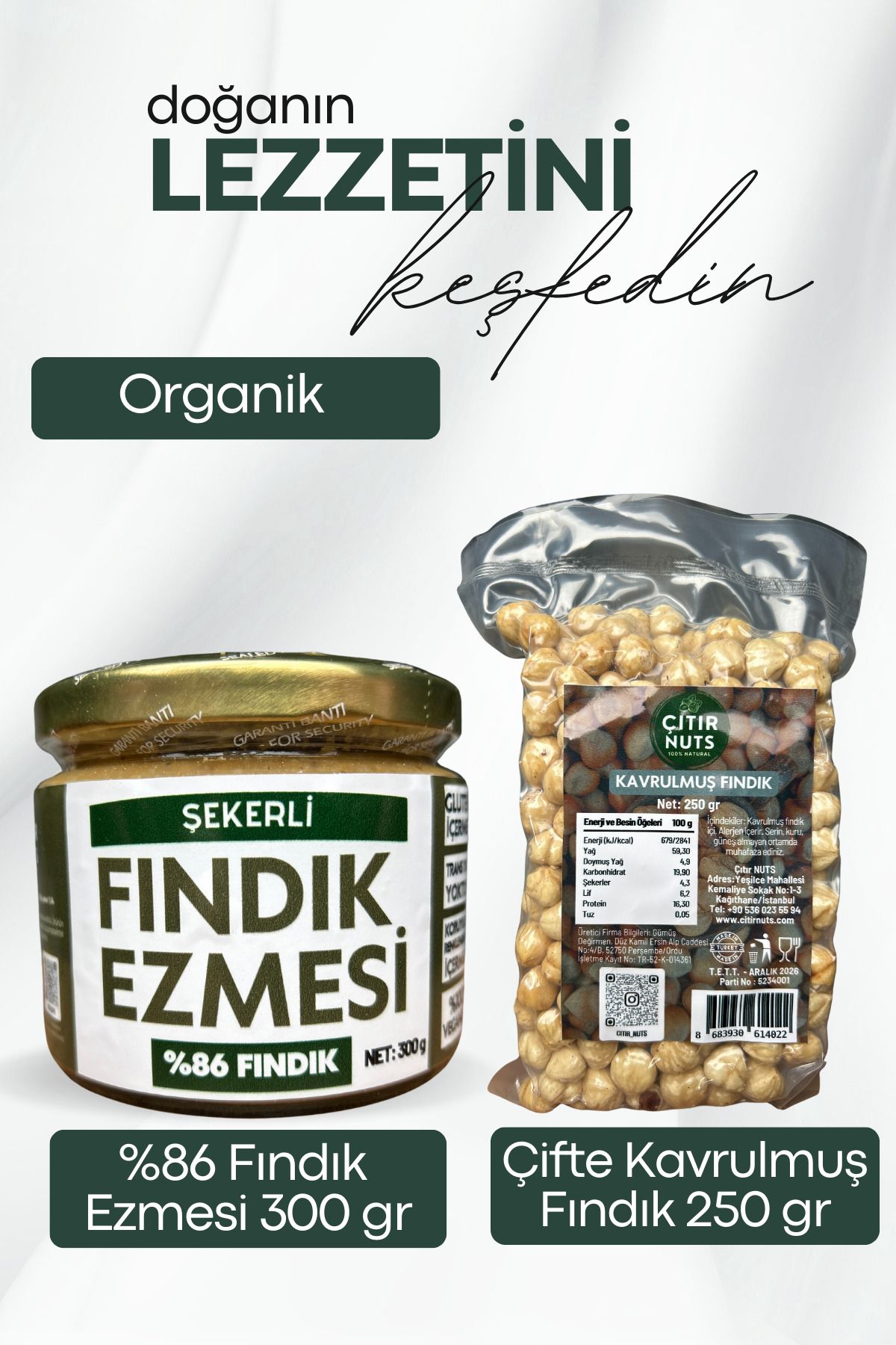 Nuts Paket Organik Şekerli Fındık Ezmesi 300 gr | Çifte Kavrulmuş Fındık Yeni Mahsul 250 gr