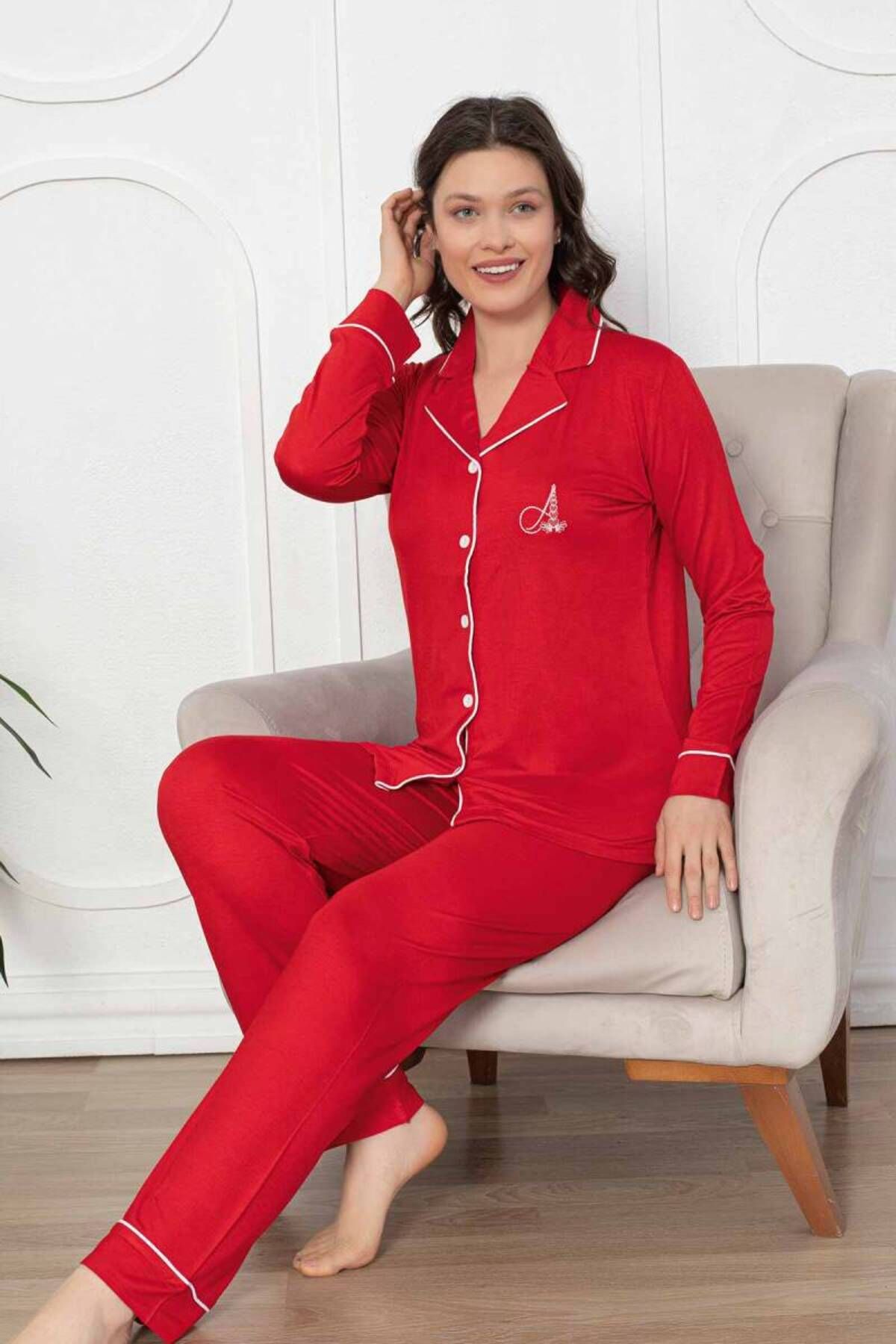 ALİMER-Red Front Button Lycra Pajamas Set 2782Uy 4