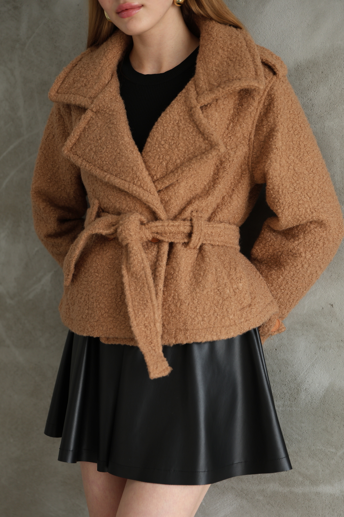 Nesil  Kuşaklı Astarlı Buklet Kısa Kaban - Görsel 5