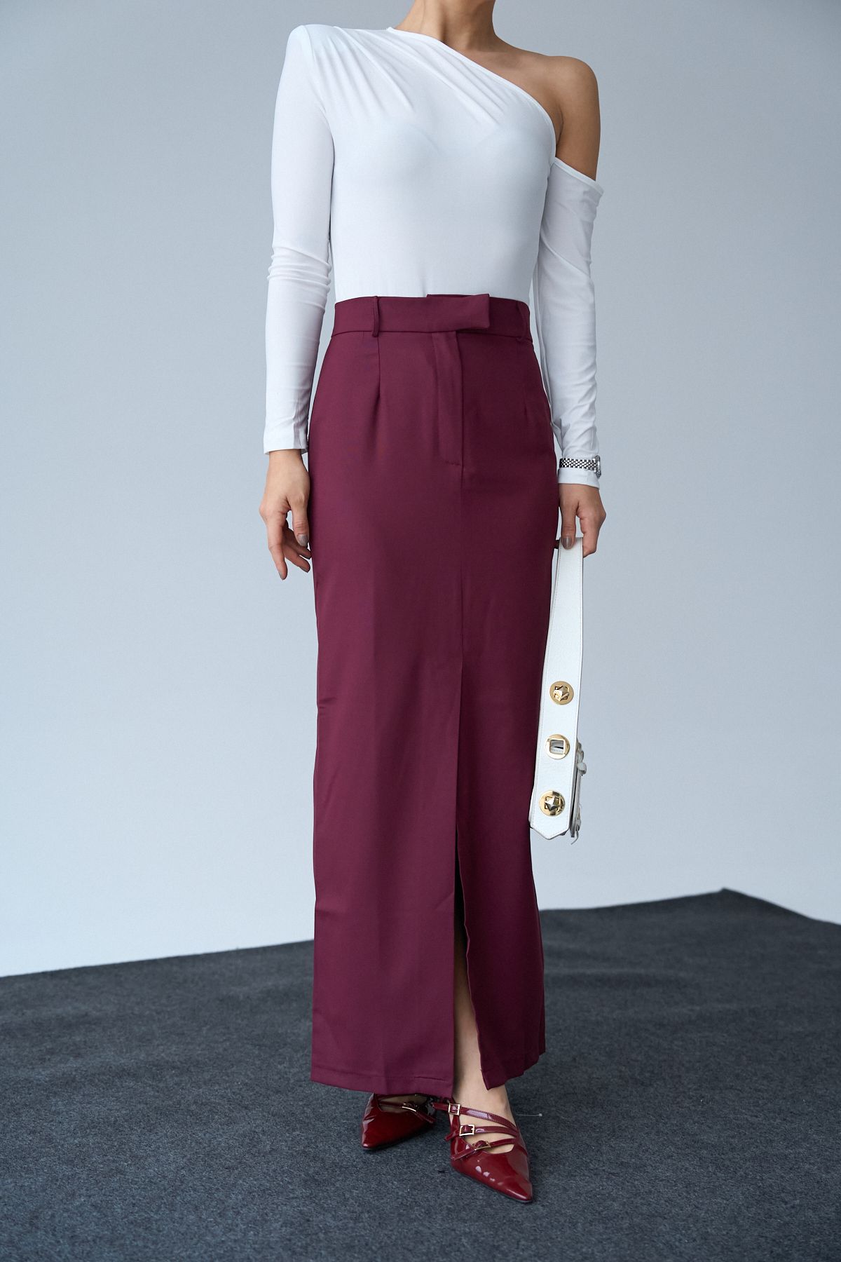 LOOSH-Women's Burgundy Front Slit Maxi Skirt 2