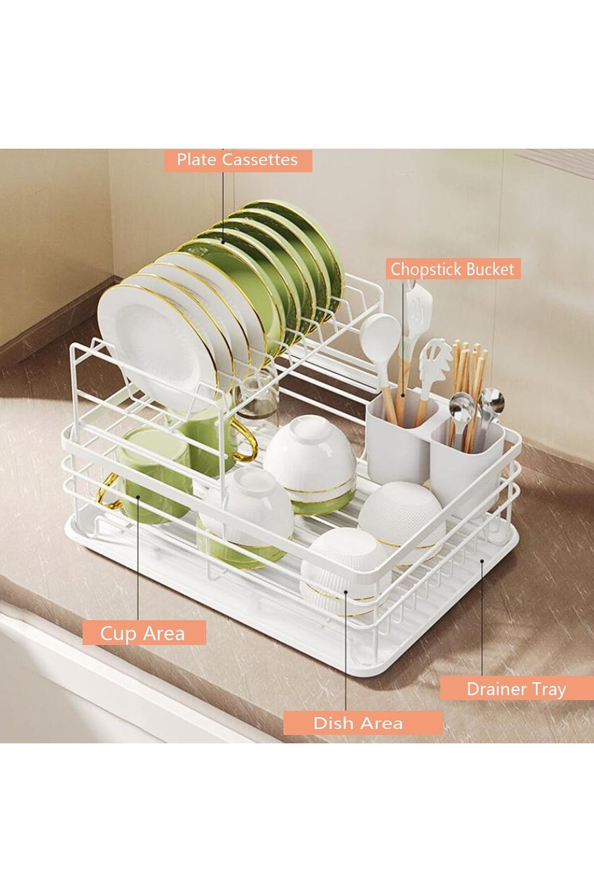 Arabest-Detachable 2 Tier Dish Drying Rack, Dish Drainer Rack, Drip Tray Utensil Holder for Kitchen 4