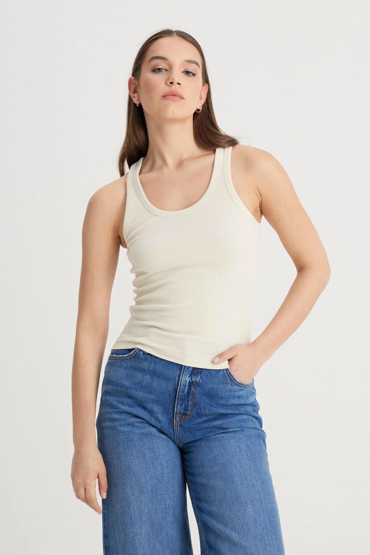 rşnmoda Kadın Fitilli Görünümlü Kalın Askılı Basic Ekru Atlet