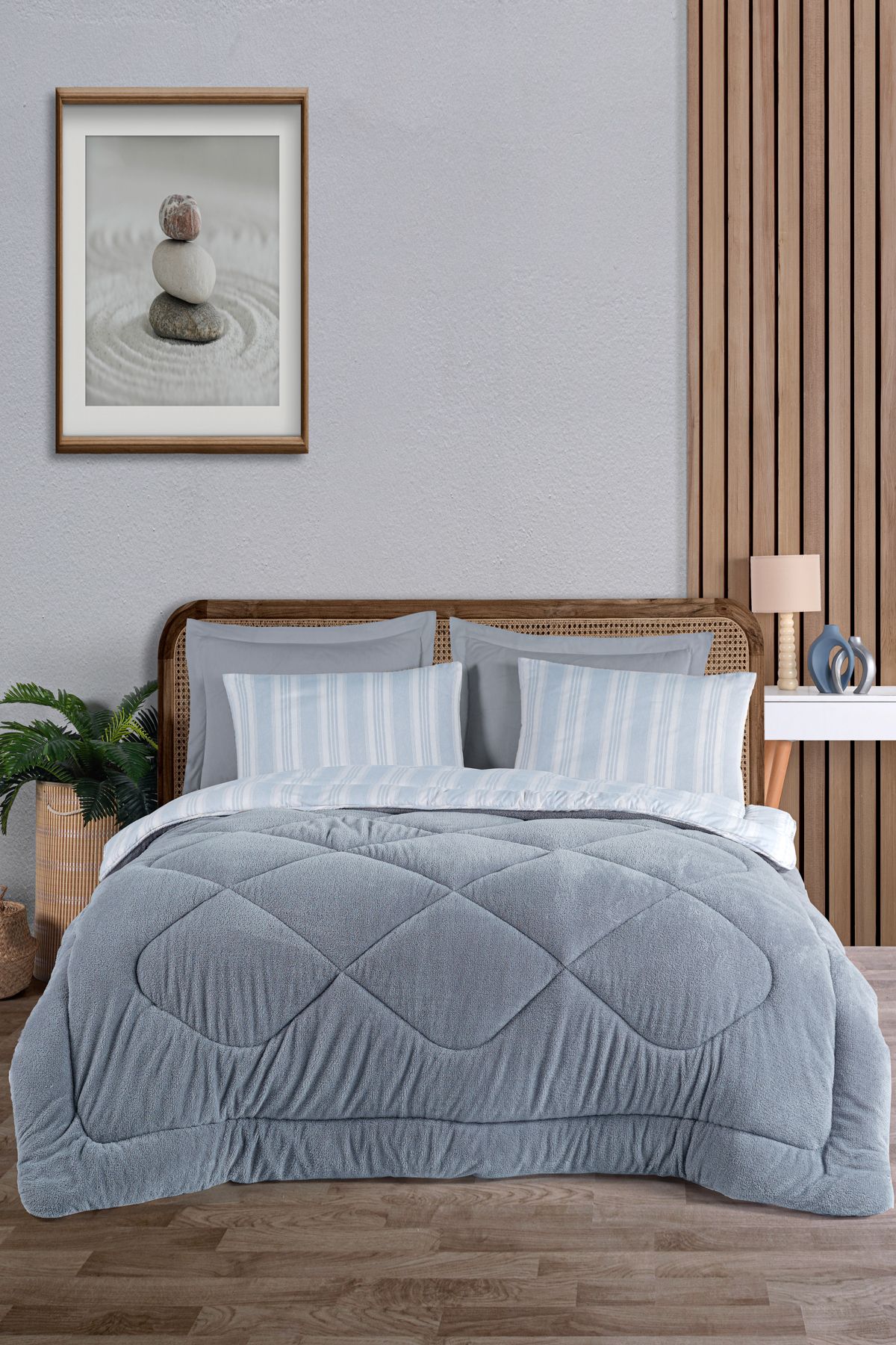 Eponj Home Çift Kişilik Comfort Set Yeni Nesil Wellsoft Yorganlı 3 Parça Soft Line Gri