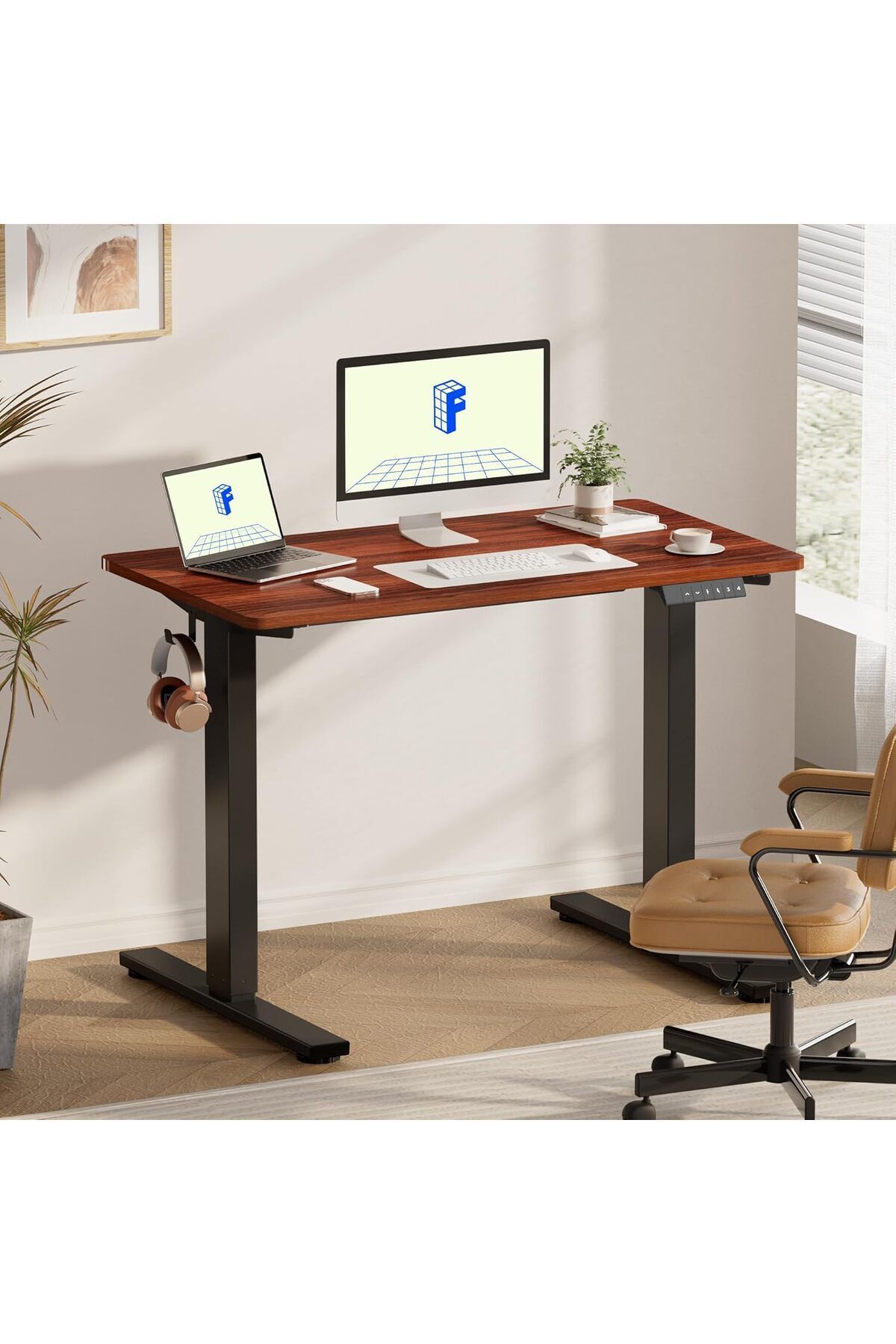 Mahmayi-FLEXISPOT Standing Desk 48 x 24 Inches Adjustable Height Desk - Black Frame + Mahogany Top 2