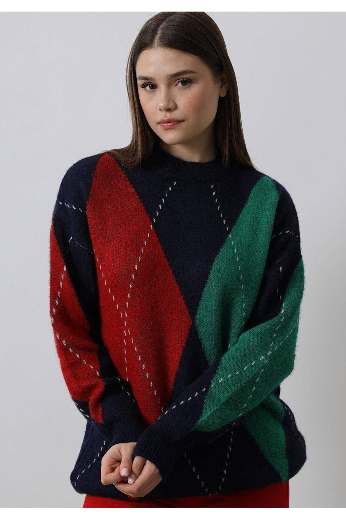 Reyon-Women's Red Green Navy Blue Diamond Patterned Knitwear Sweater 3