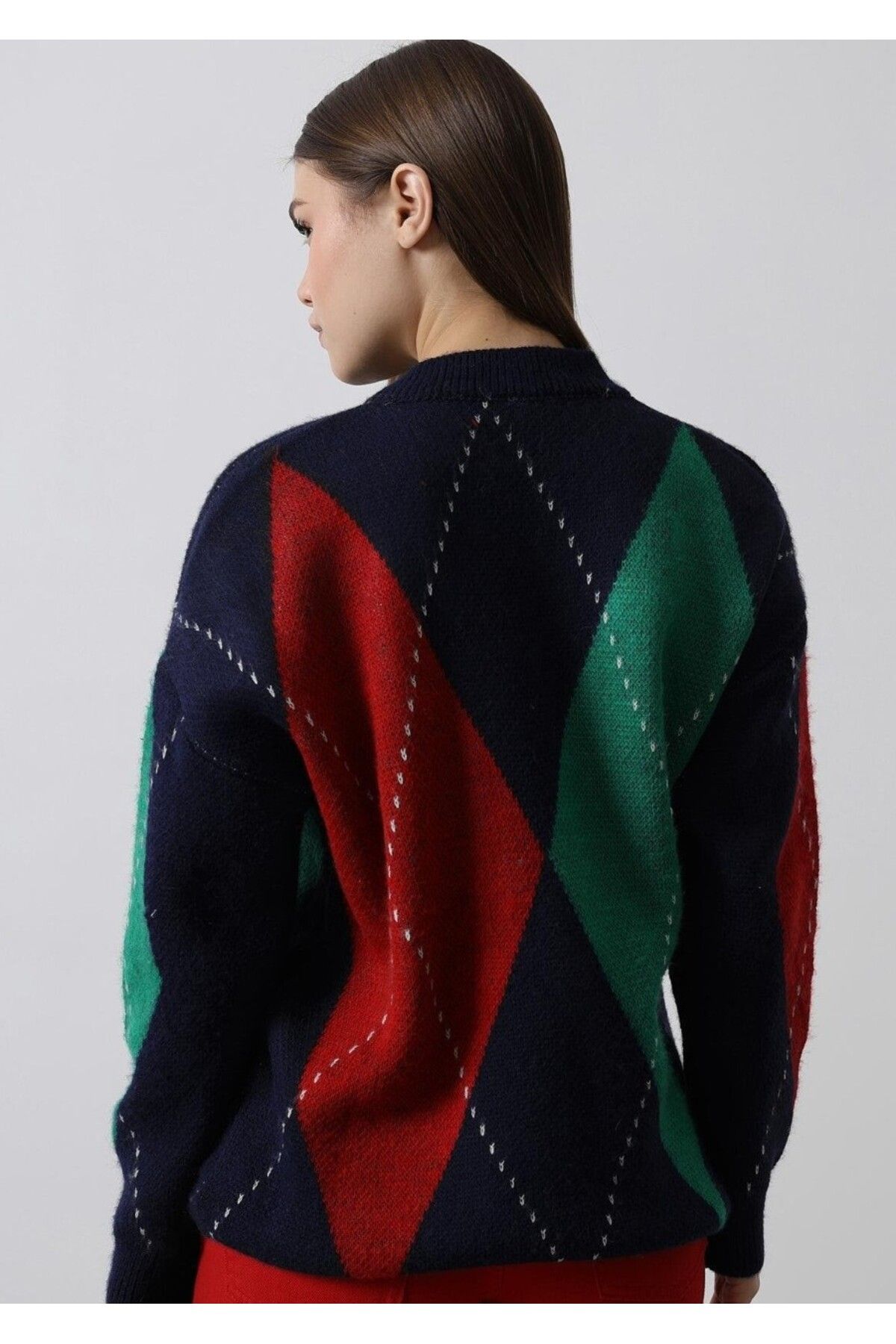 Reyon-Women's Red Green Navy Blue Diamond Patterned Knitwear Sweater 6