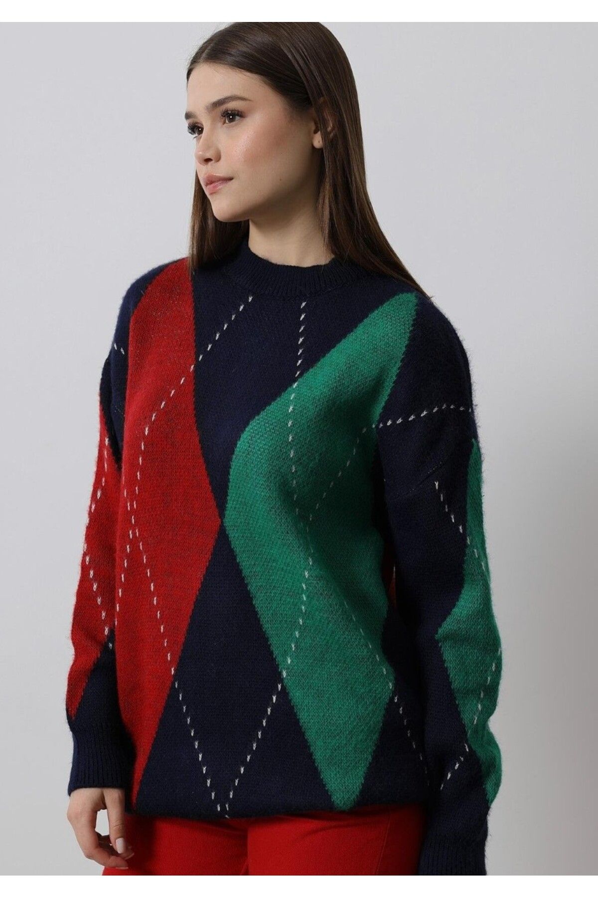 Reyon-Women's Red Green Navy Blue Diamond Patterned Knitwear Sweater 5