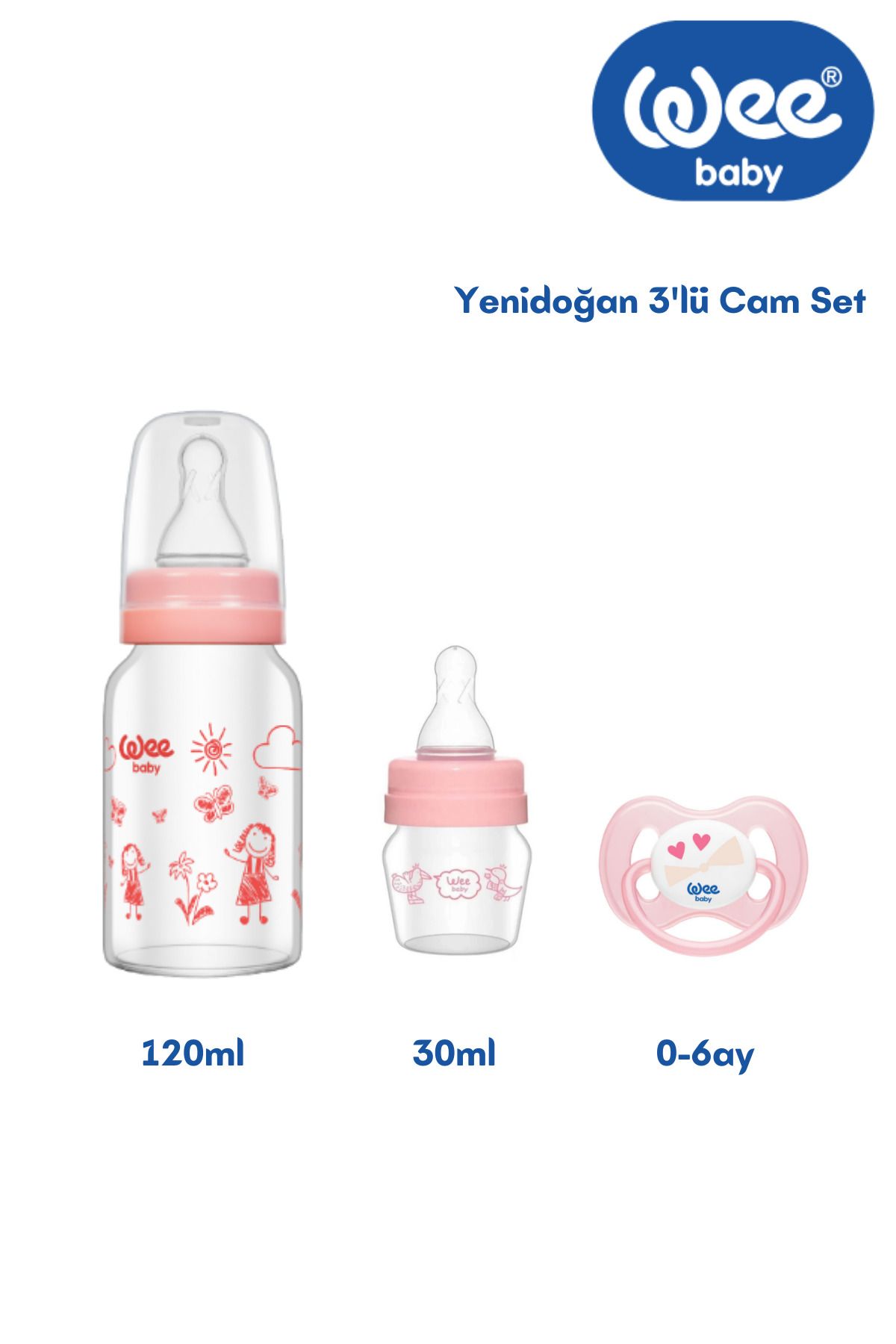 Wee Baby Yenidoğan Cam 3'lü Hediye Seti Mini Cam biberon, Isıya dayanıklı Biberon , Kelebek Emzik Pembe