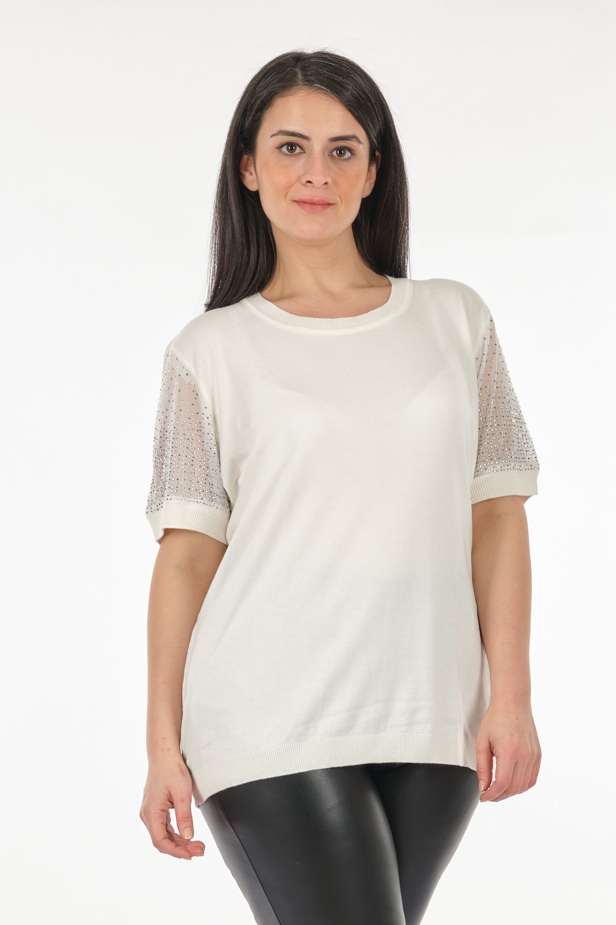 Vedi--bb Round Neck Large Size Sleeve Detailed Ecru Women's Knitwear2322019 3