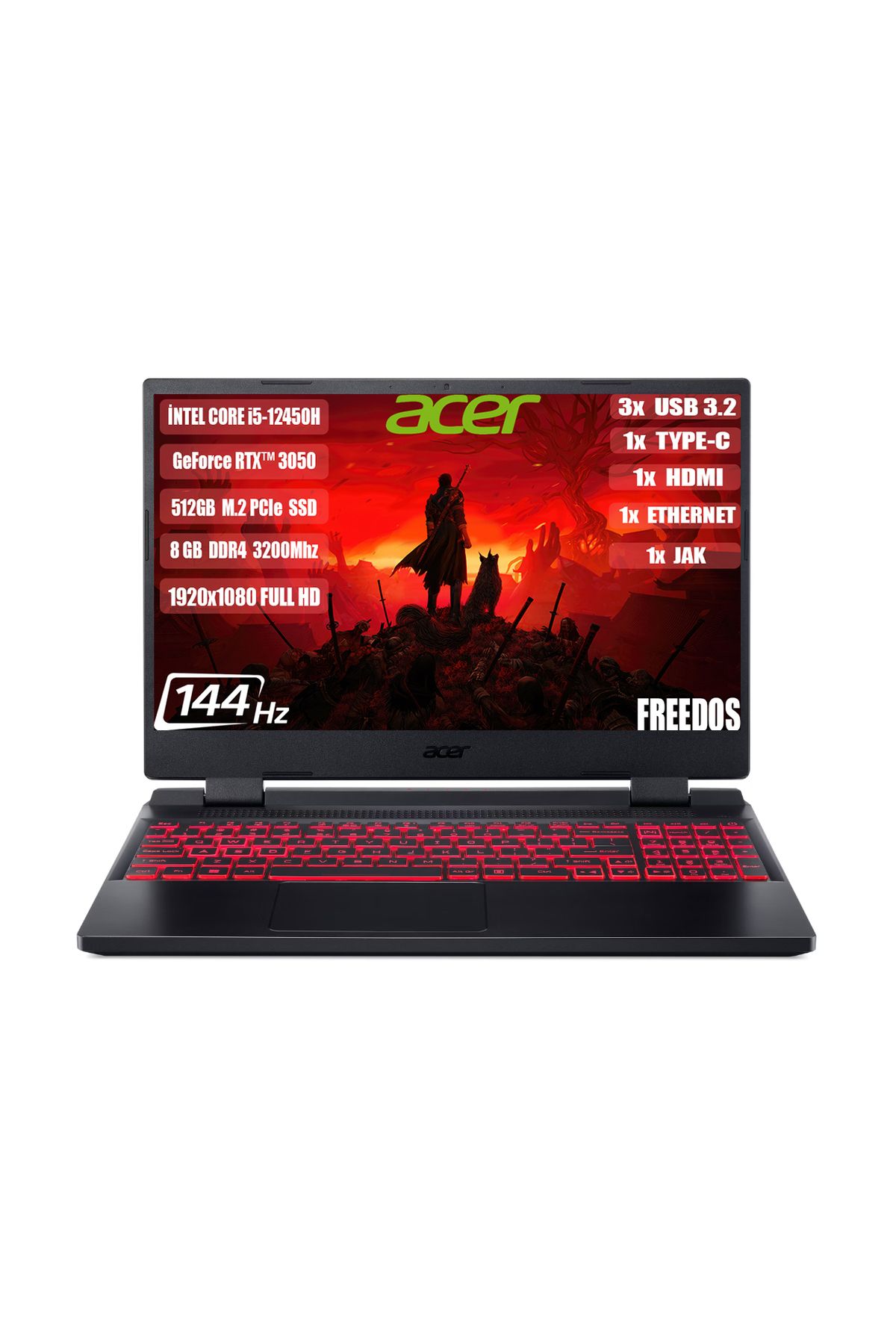 ACER Nitro 5 An515-58-544k I5-12450h 8 Gb 512 Gb Ssd Rtx3050 15.6" Fhd 144 Hz Freedos Nh.qfjey.007