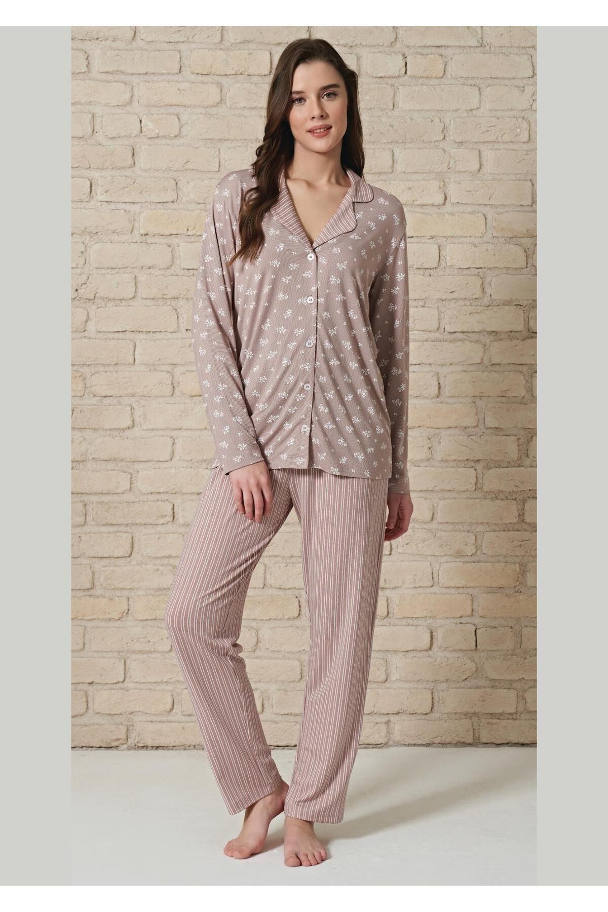Pijadore-Women's Mink Button Front Viscose Long Sleeve Pajamas Set 1726 4