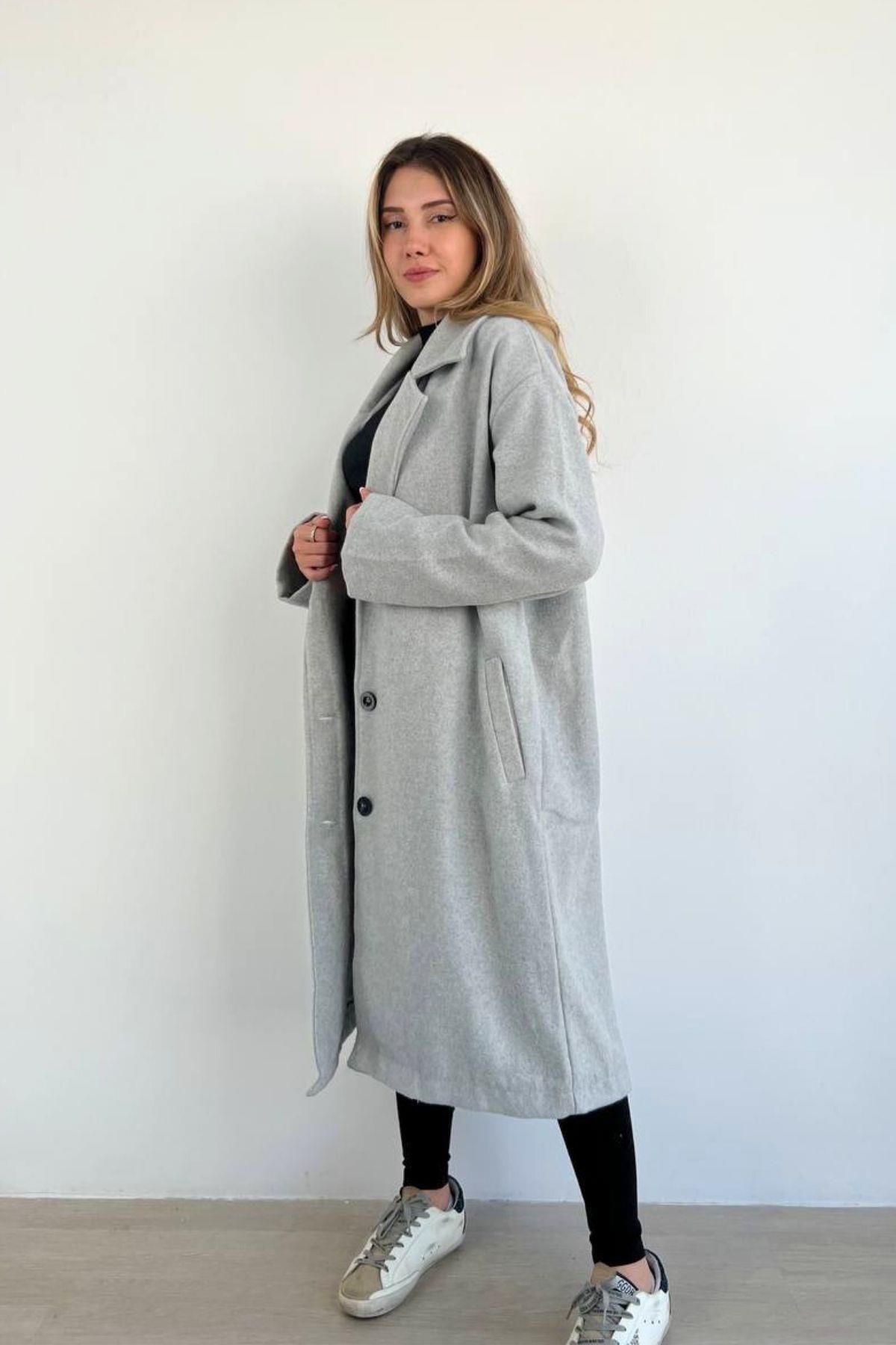 Mossta-Basic Buttoned Long Cashmere Coat with Pockets Gray 2