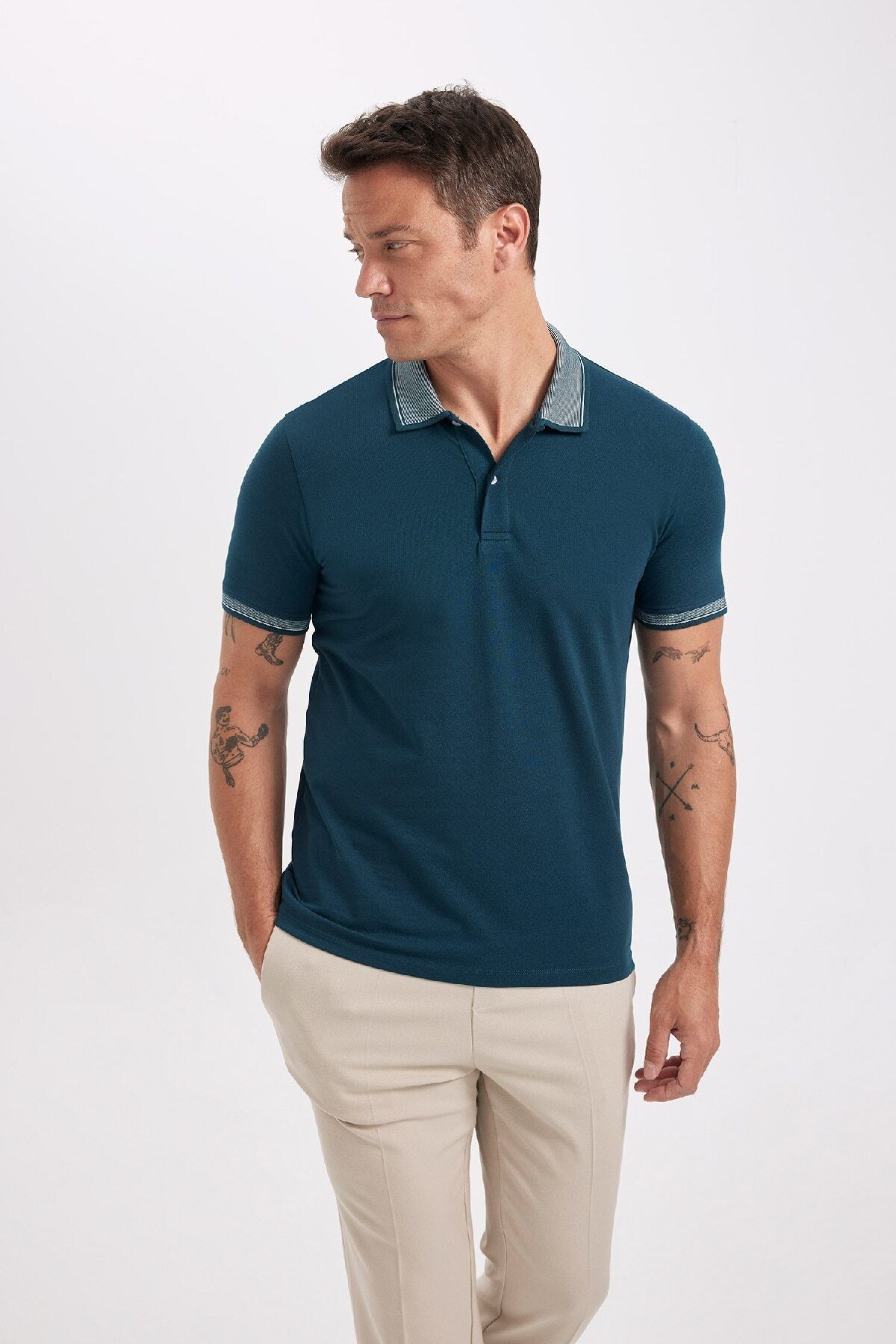 DeFacto-Tricou din bumbac cu bandă pentru guler polo, fără ondulare, slim Fit D0033axns 3