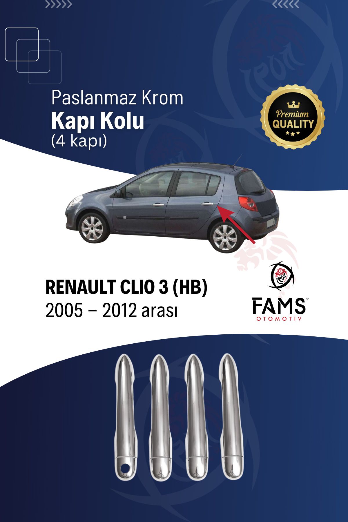 FAMS OTO AKSESUAR Renault Clio 3 Hb Krom Kapı Kolu 4 Kapı 2005-2012 Paslanmaz Çelik