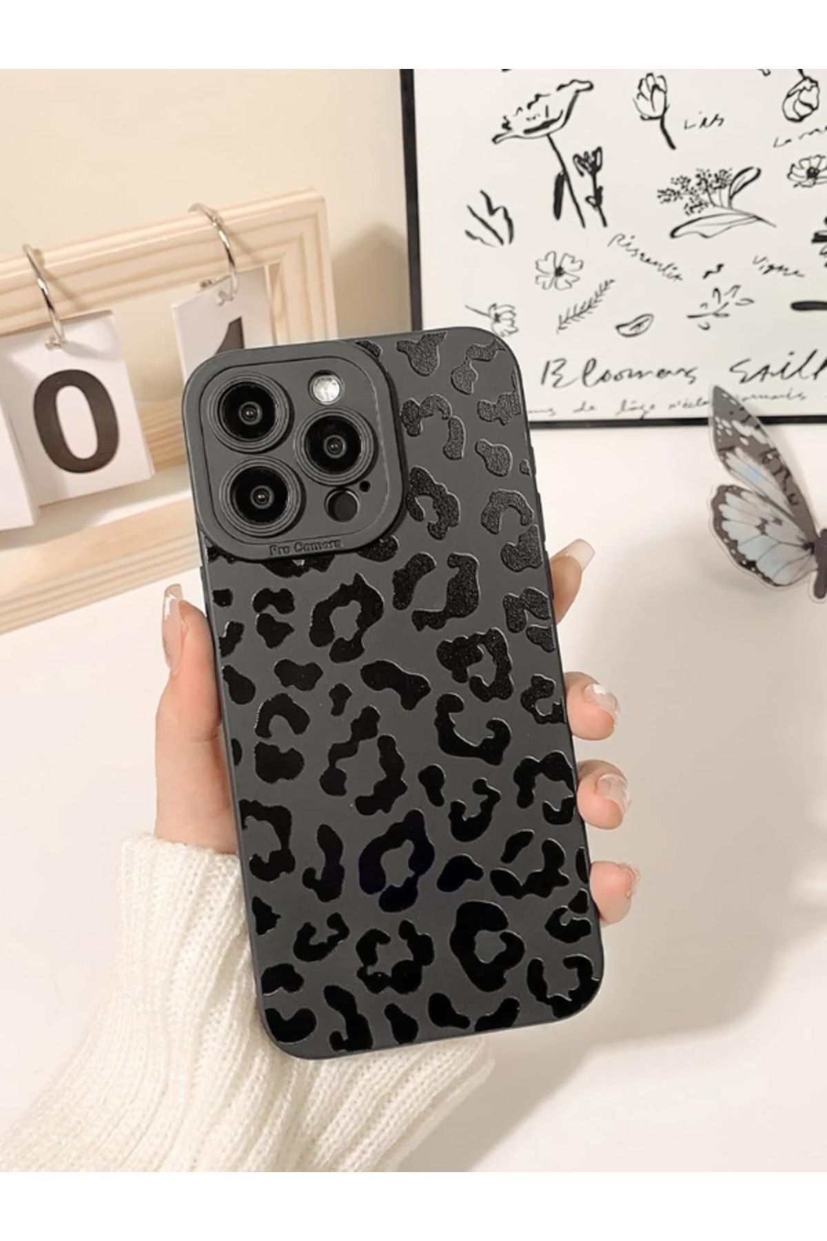 KVK PRİVACY-iPhone 14 Pro Compatible Case Matte Black Leopard Pattern Soft Camera Protection Cover 7