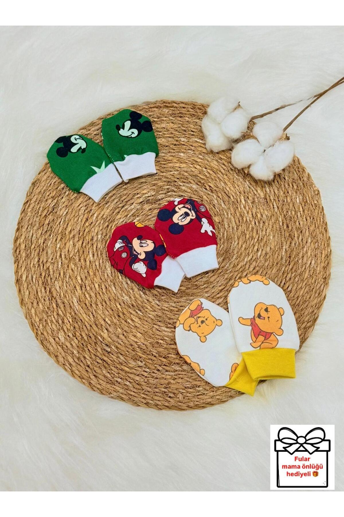 Lumos Trade Unisex Bebek Yenidoğan Penye Organik Pamuklu Bebek Eldiveni 3 Çift Set - Mickey ve Winnie fotoğrafı 3 (önizleme)