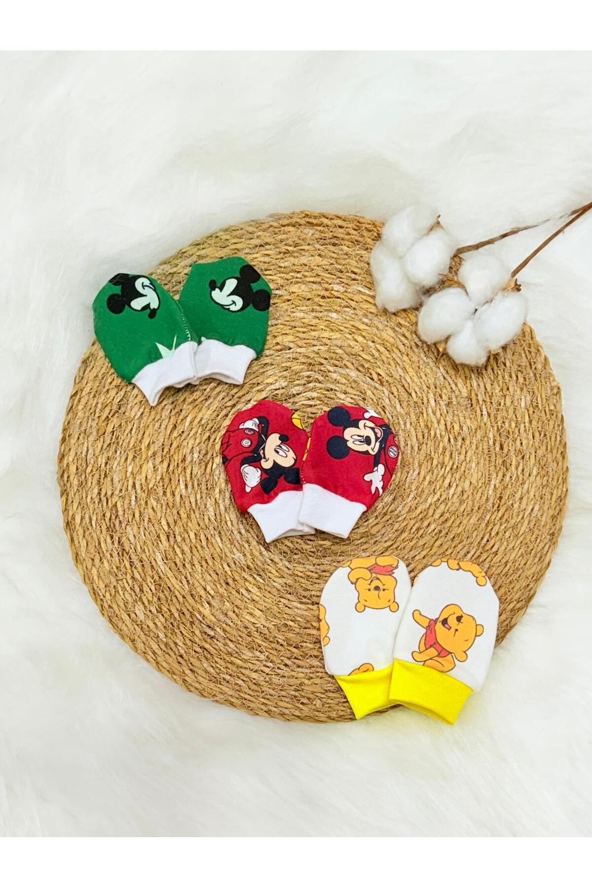 Lumos Trade Unisex Bebek Yenidoğan Penye Organik Pamuklu Bebek Eldiveni 3 Çift Set - Mickey ve Winnie fotoğrafı 2 (önizleme)