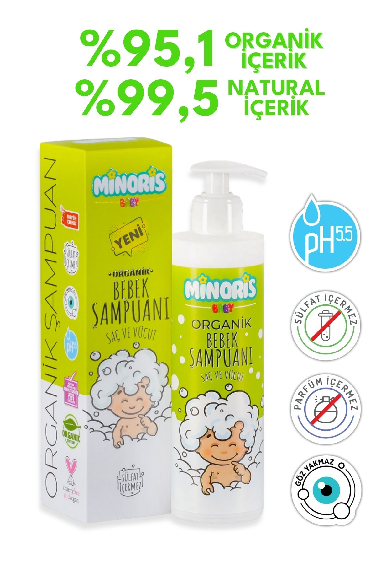 Minoris Baby Organik Saç ve Vücut Şampuanı Sülfat ve Parfüm içermez Vegan 400ml