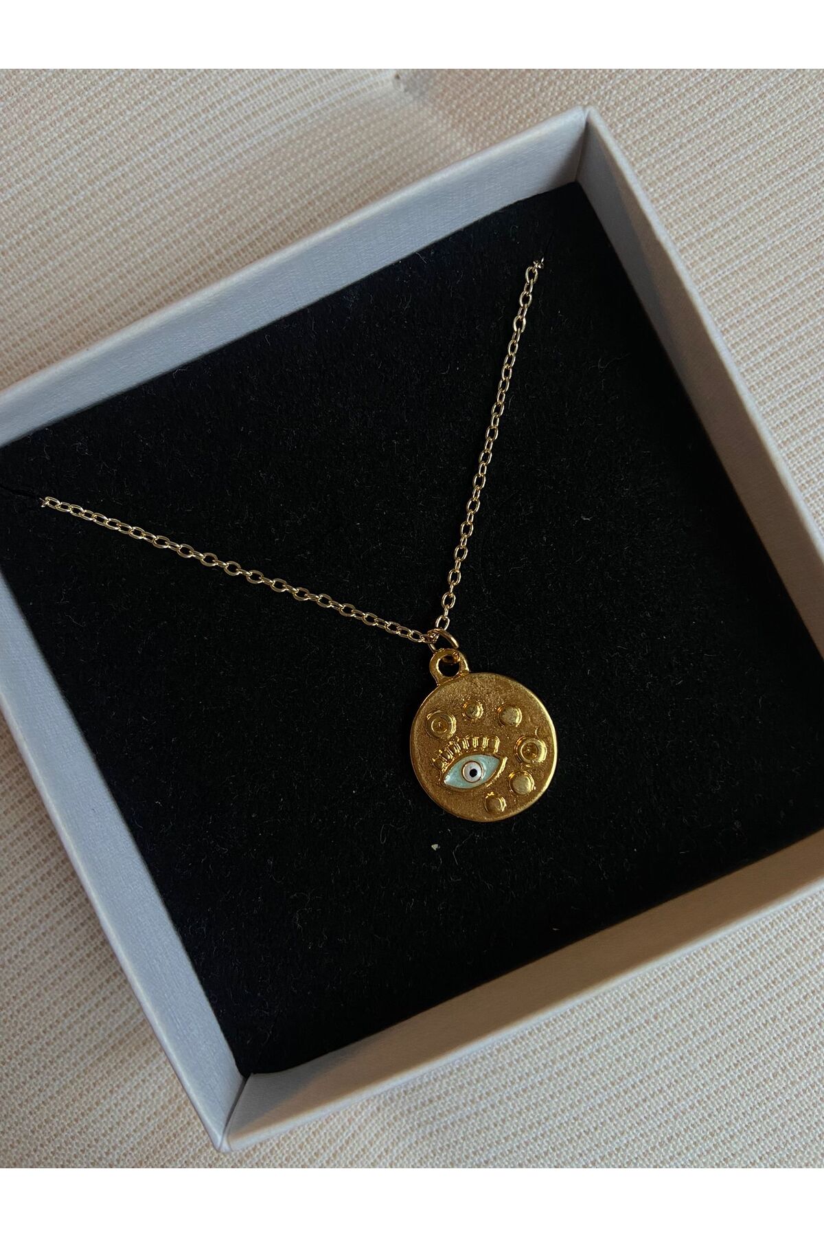 Mavi Göz Altın Kaplama Yuvarlak Charm Kolye Sevgililer Günü Özel