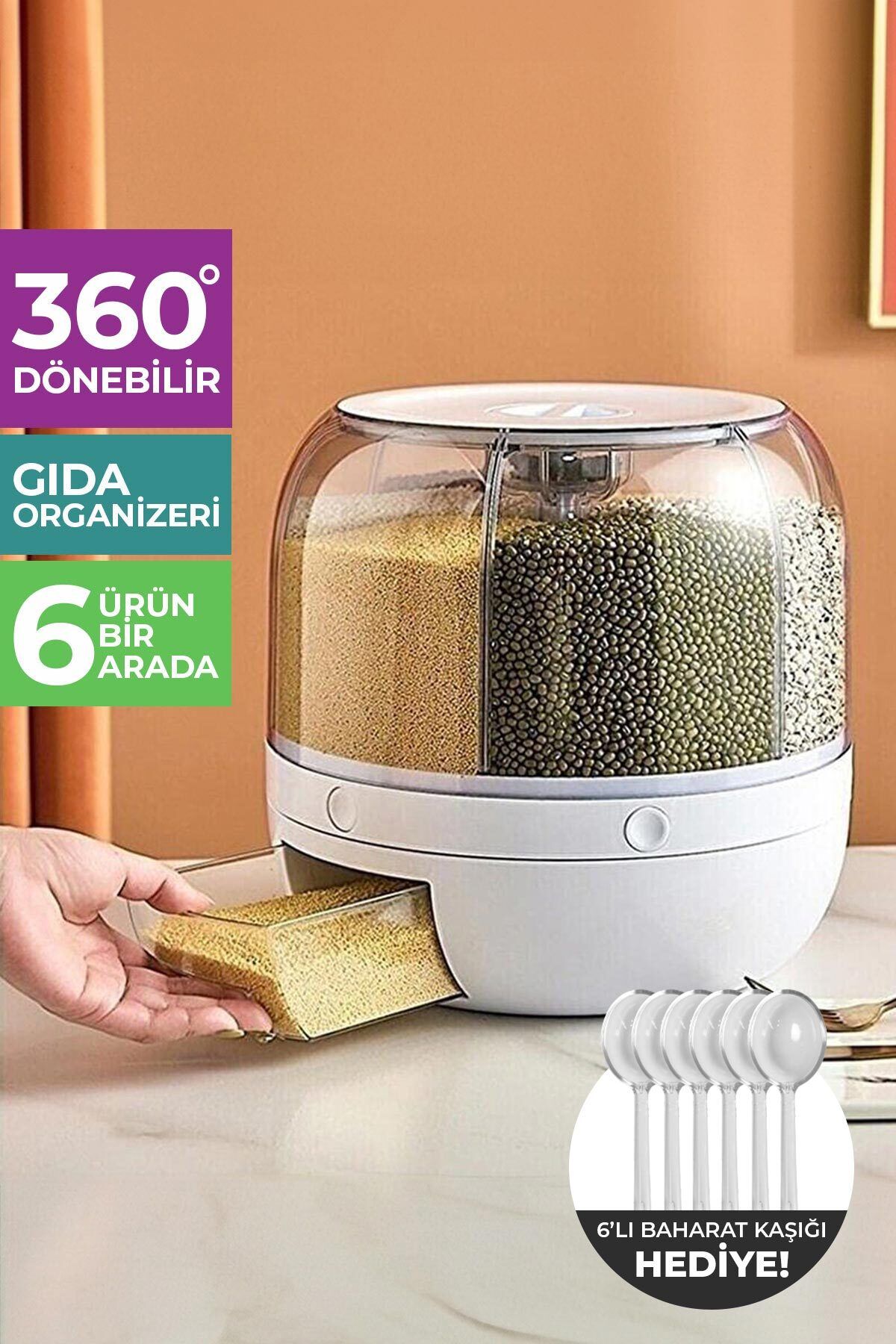 çt çeçem ticaret 360° Dönebilen Kuru Gıda Ve Bakliyat Organizeri 6 Bölmeli Hava Geçirmez Saklama Kabı 6 Lt