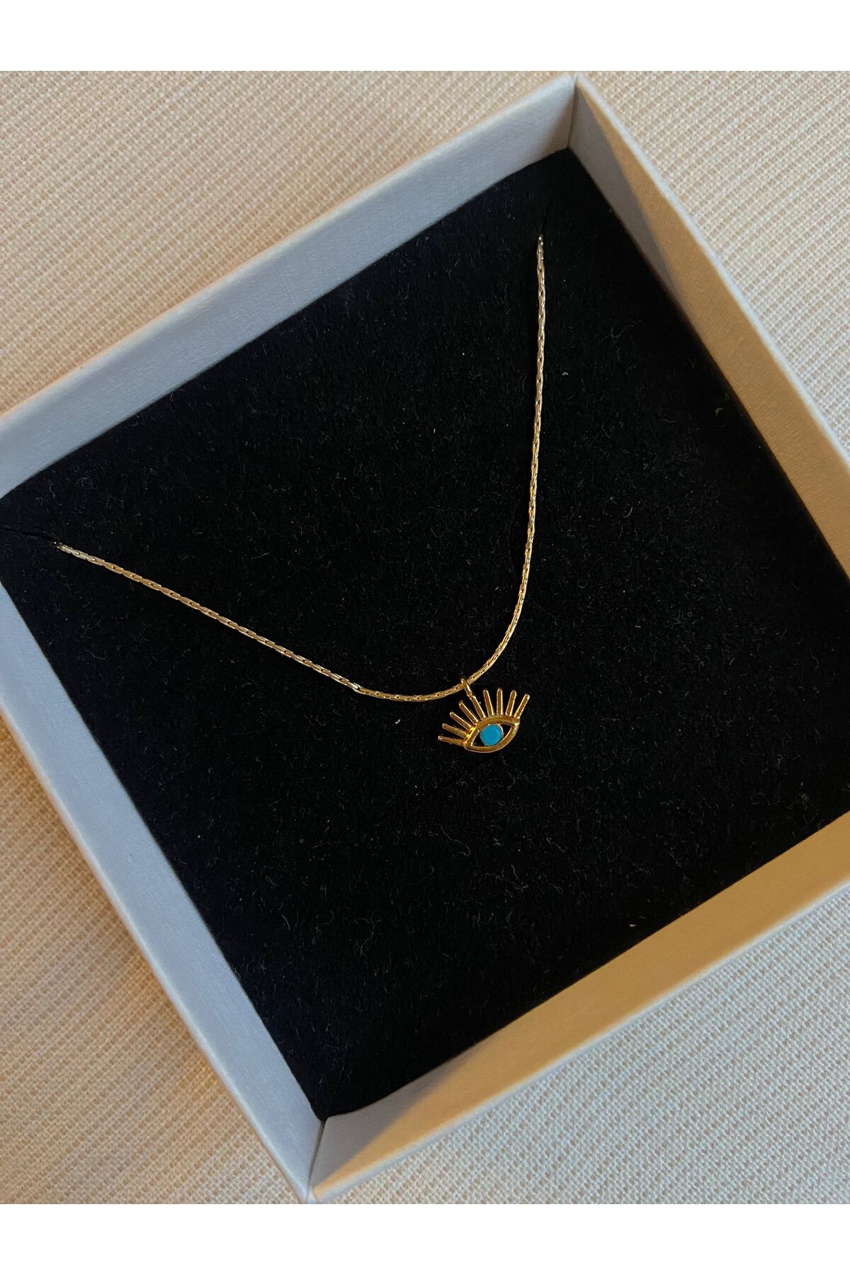 Mavi Mini Göz Altın Kaplama Yuvarlak Charm Kolye Sevgililer Günü Özel