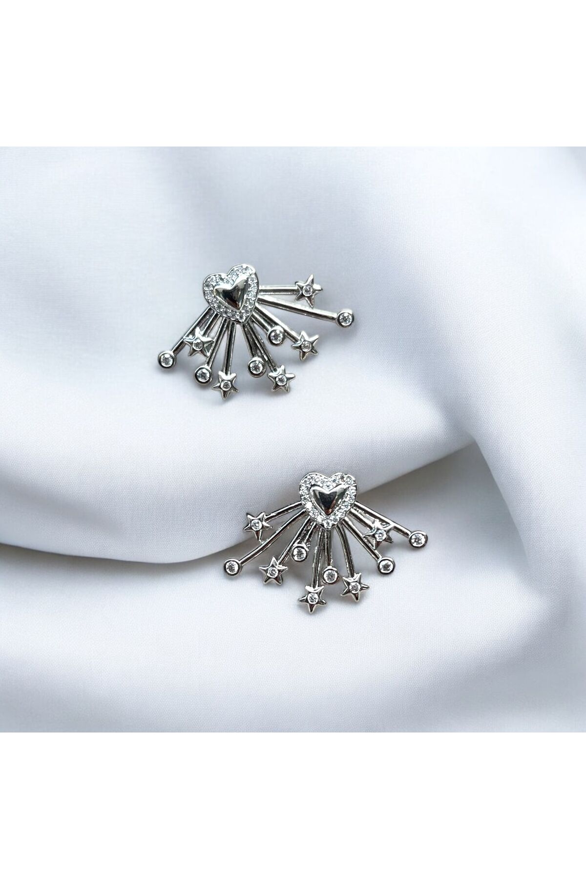Heart and Star Detailed Nail Earrings with Zircon Gemstone