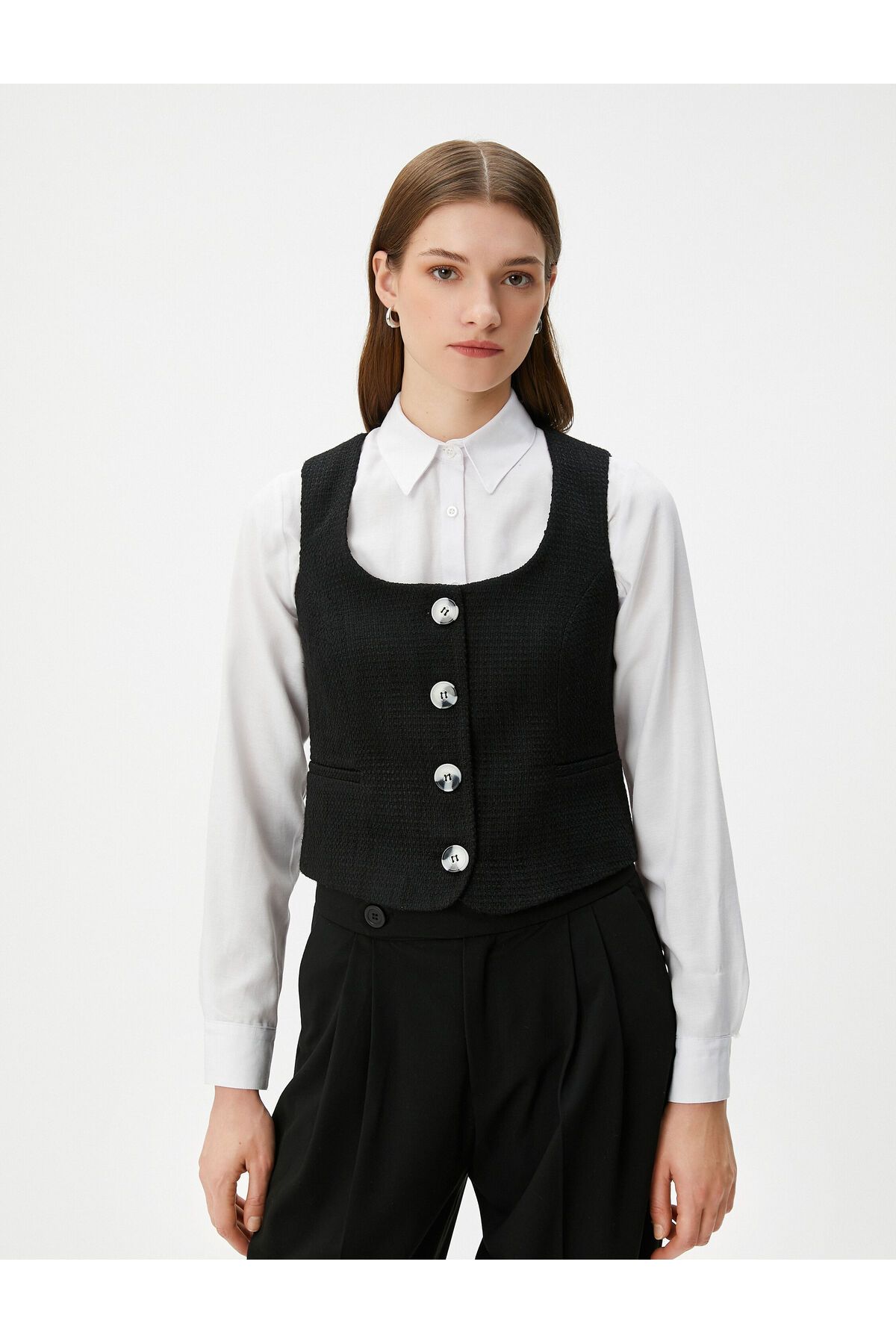 Koton-Tweed Vest Buttoned Square Collar with Pockets 3