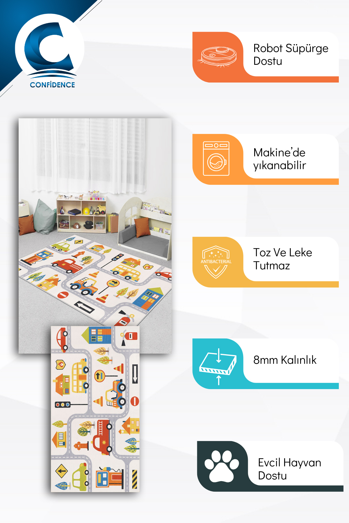 Confidence Home Makinede Yıkanabilir Kaymaz Taban Leke Tutmaz Yol Desenli Halı Bebek Ve Çocuk Halısı Oyun Matı fotoğrafı 2 (önizleme)