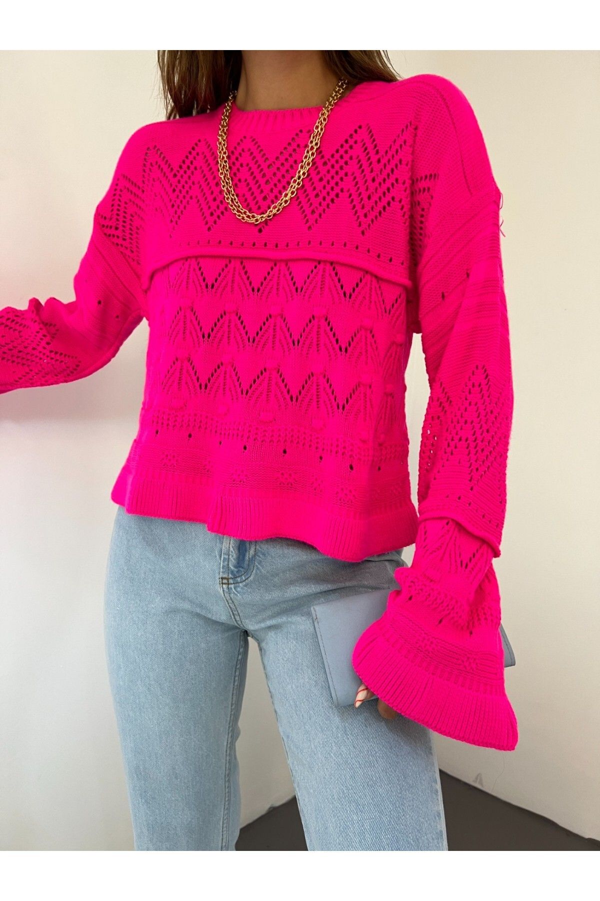 Modamorfo-Langärmliger Strickpullover mit durchbrochenem Pompom – Fuchsia 2