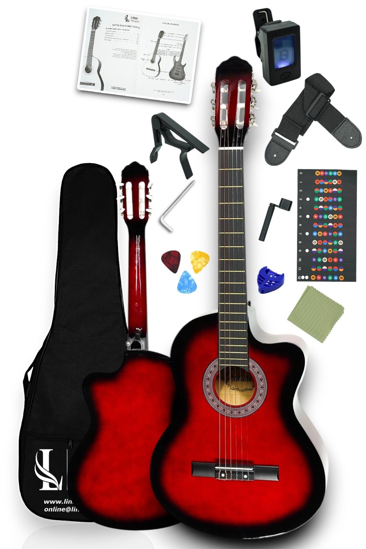 Furia CG-3901RD Klasik Gitar 4/4 Sap Ayarlı Kesik Kasa Full Set