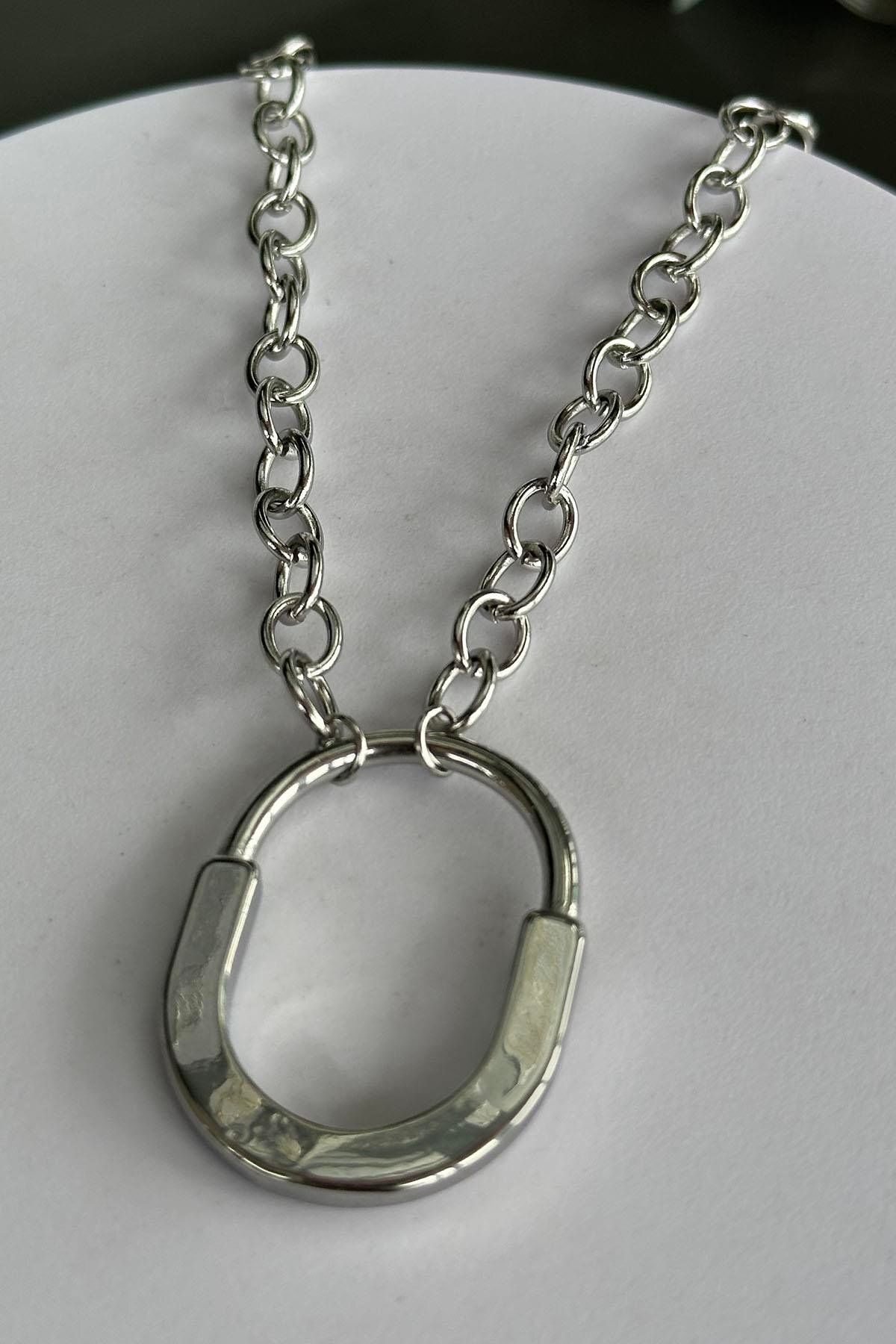 TAKIŞTIR-Silver Color Lock Figured Steel Necklace 2