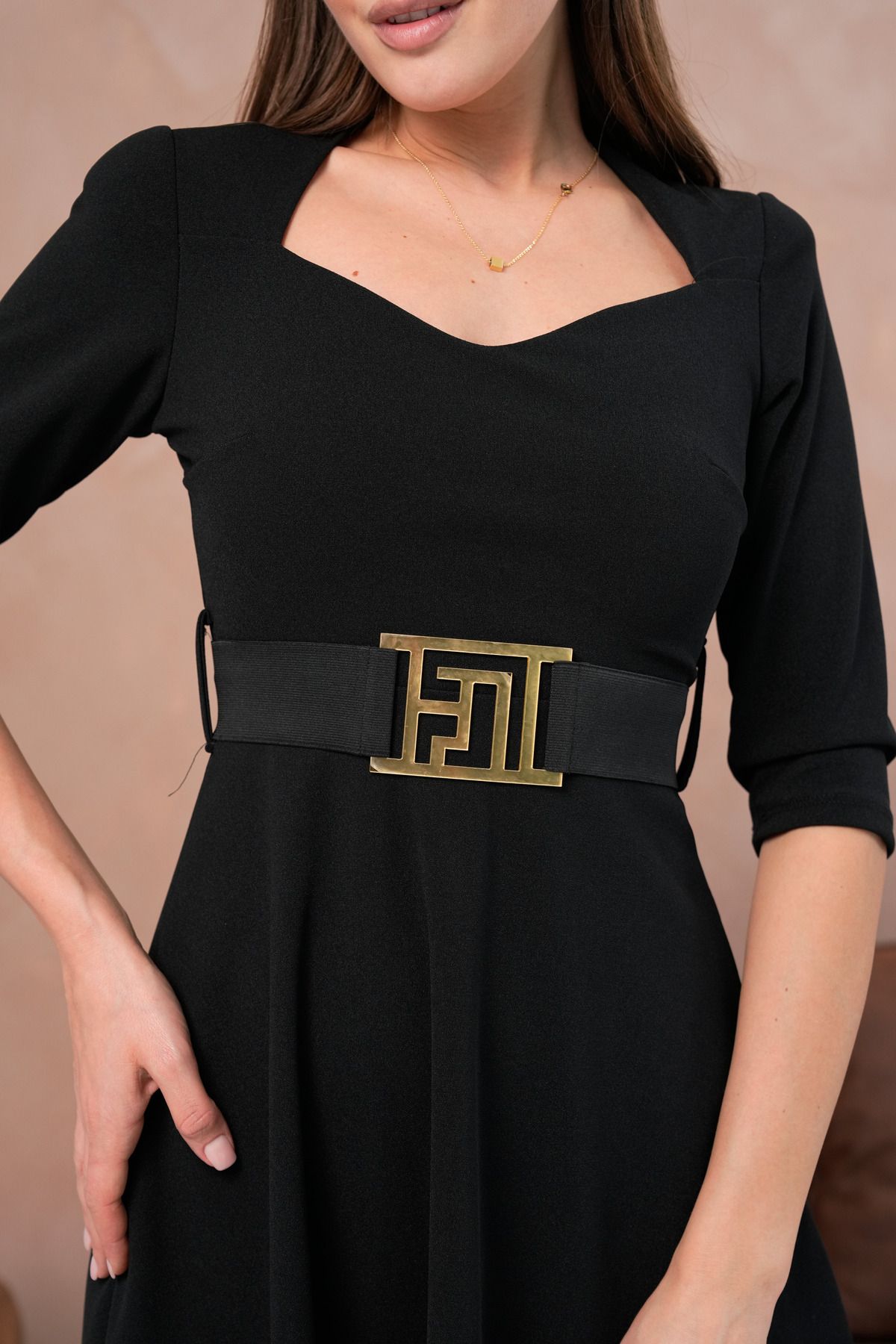 vuvutasarım-Flexibles Scuba-Crêpe-Stoff-Gürtel, detaillierter kurzärmliger Fensterkragen, Midi-Länge, schwarzes Abendkleid 075 5