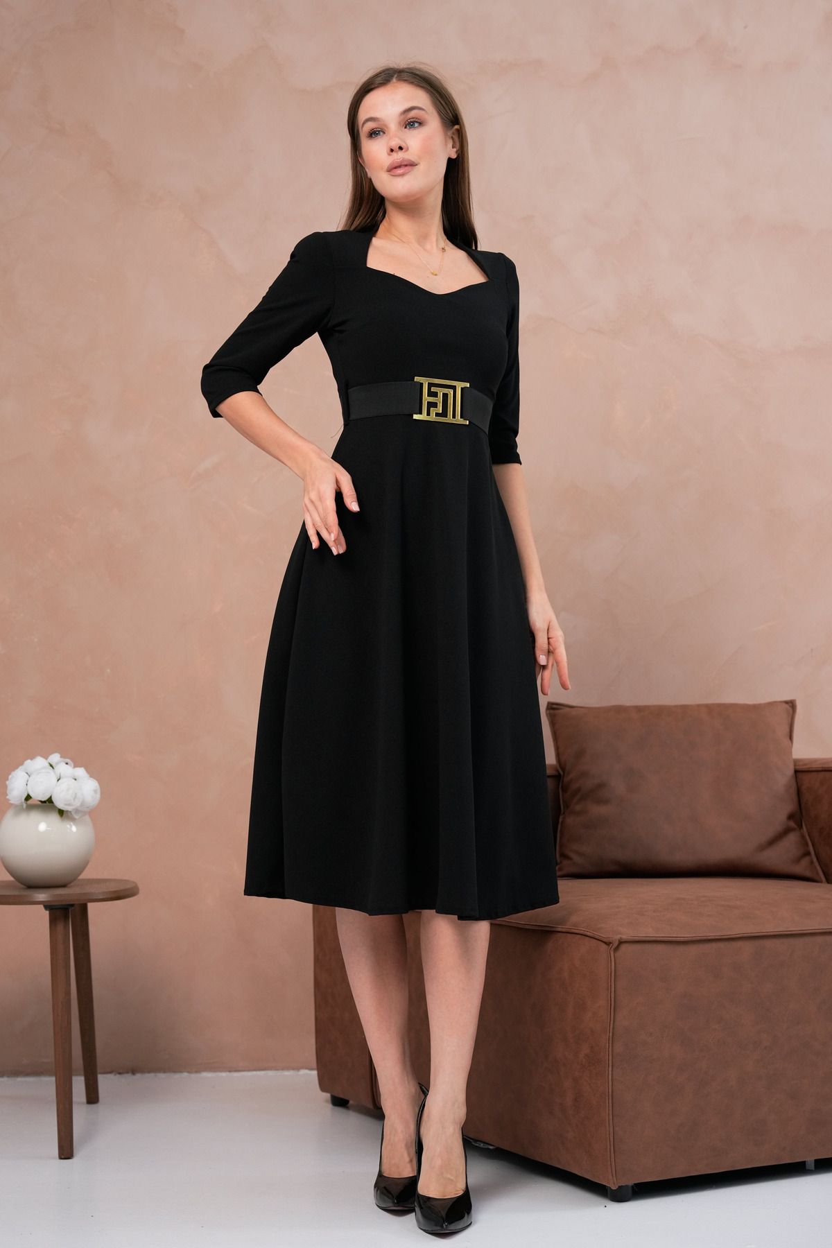vuvutasarım-Flexibles Scuba-Crêpe-Stoff-Gürtel, detaillierter kurzärmliger Fensterkragen, Midi-Länge, schwarzes Abendkleid 075 4
