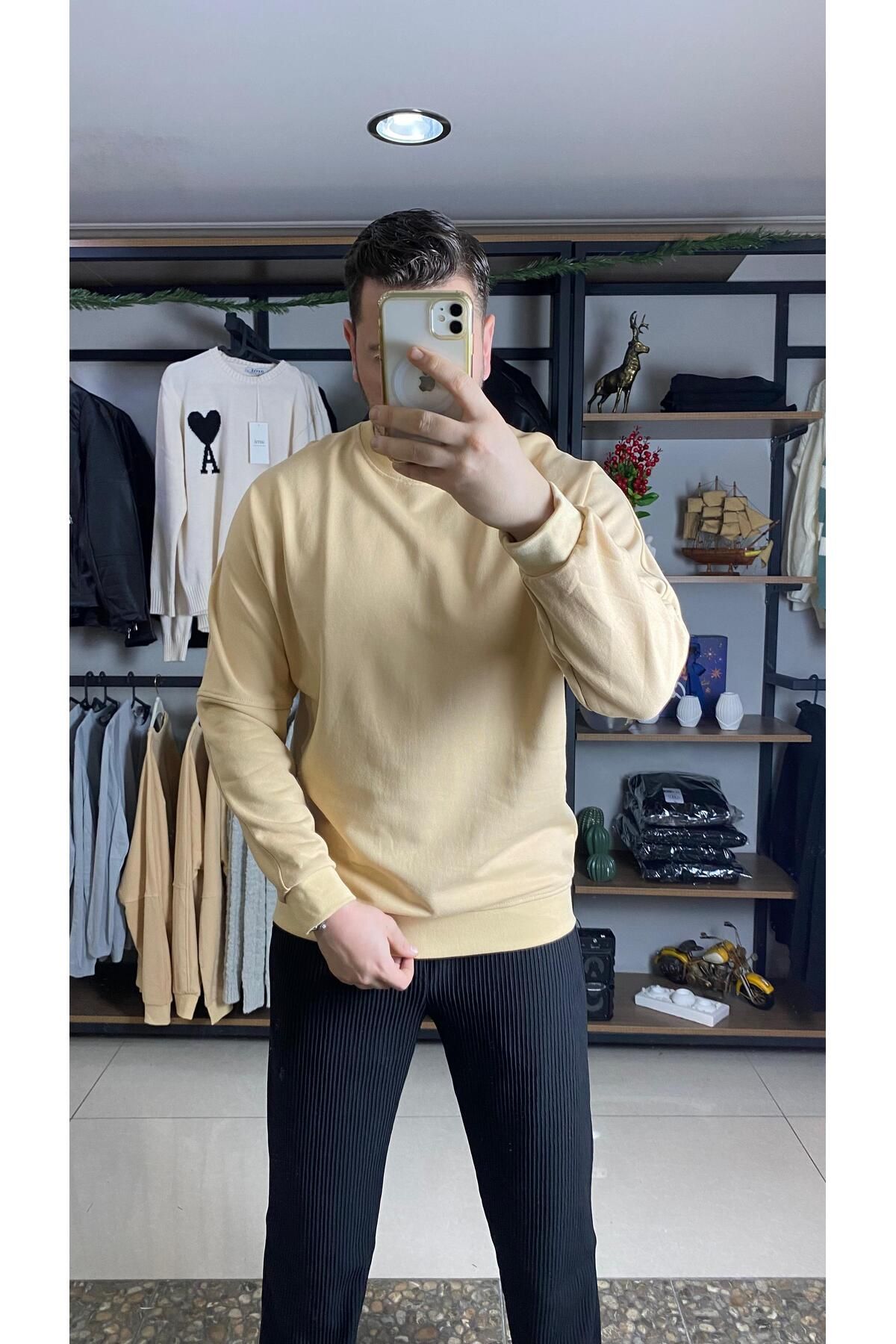 agmstore-Men's Yellow Oversize Cotton Sweater 2 Thread Comfortable and Stylish 4