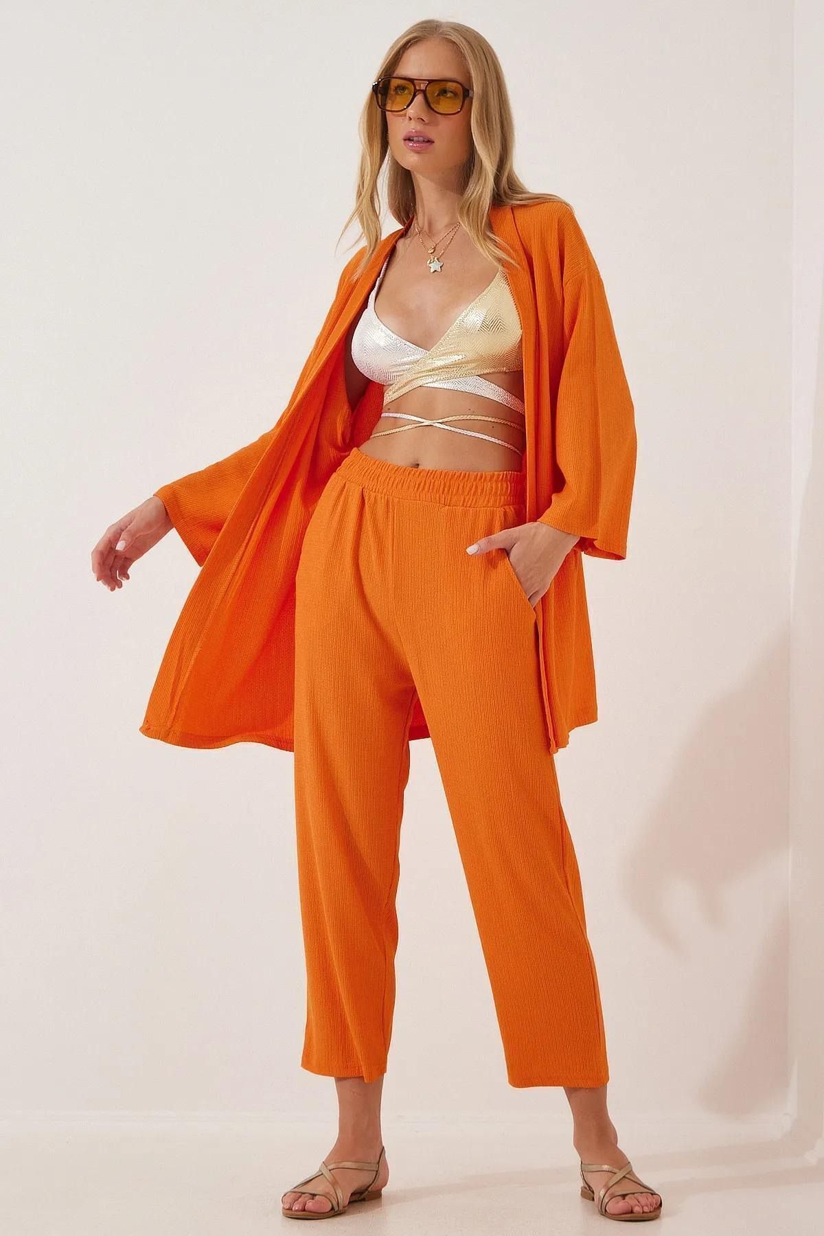 rşnmoda Kadın Turuncu Cepli Boru Paça Kimono Alt Üst Takım