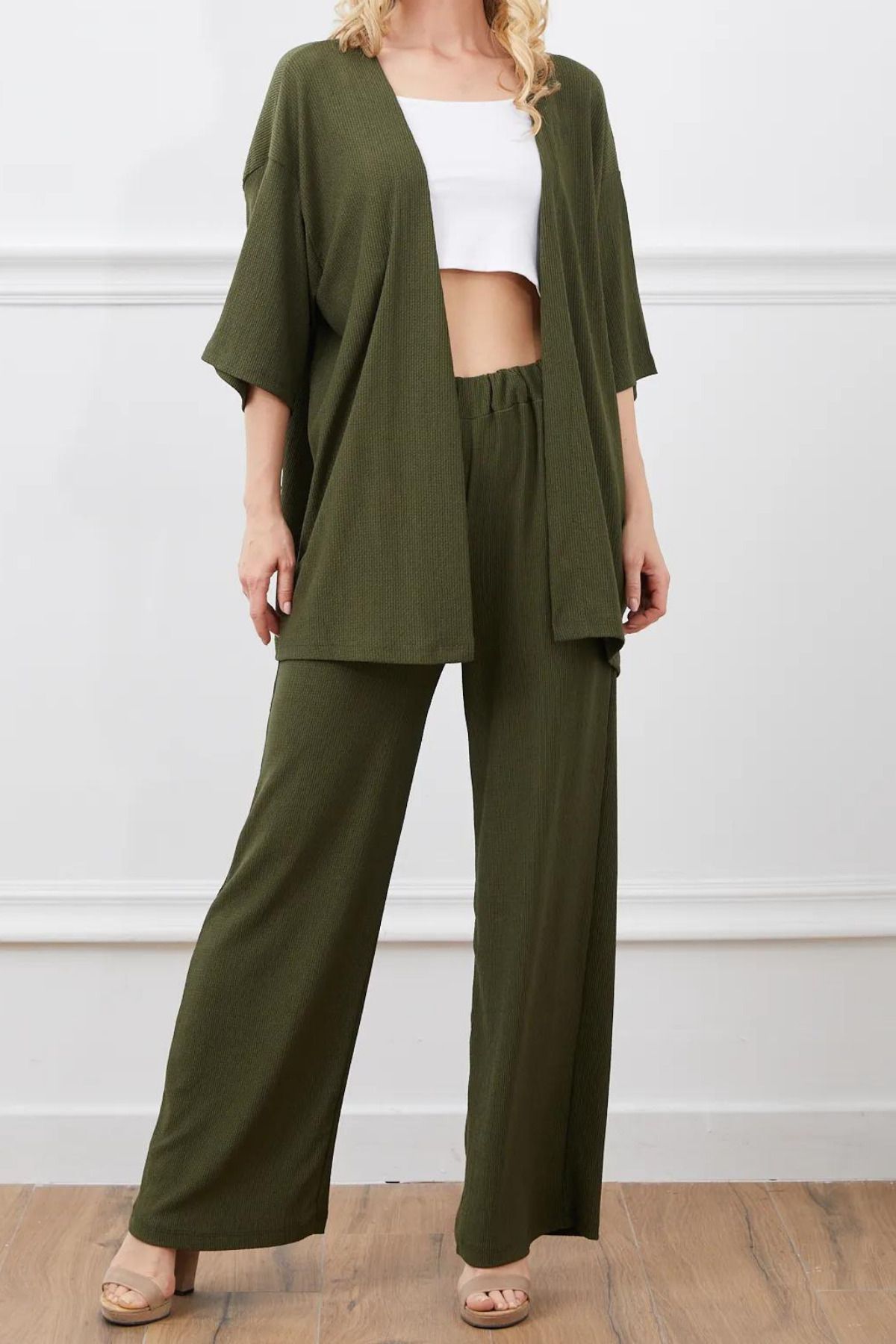 rşnmoda Kadın Haki Bol Paça Palazzo Alt Üst Kimono Takım