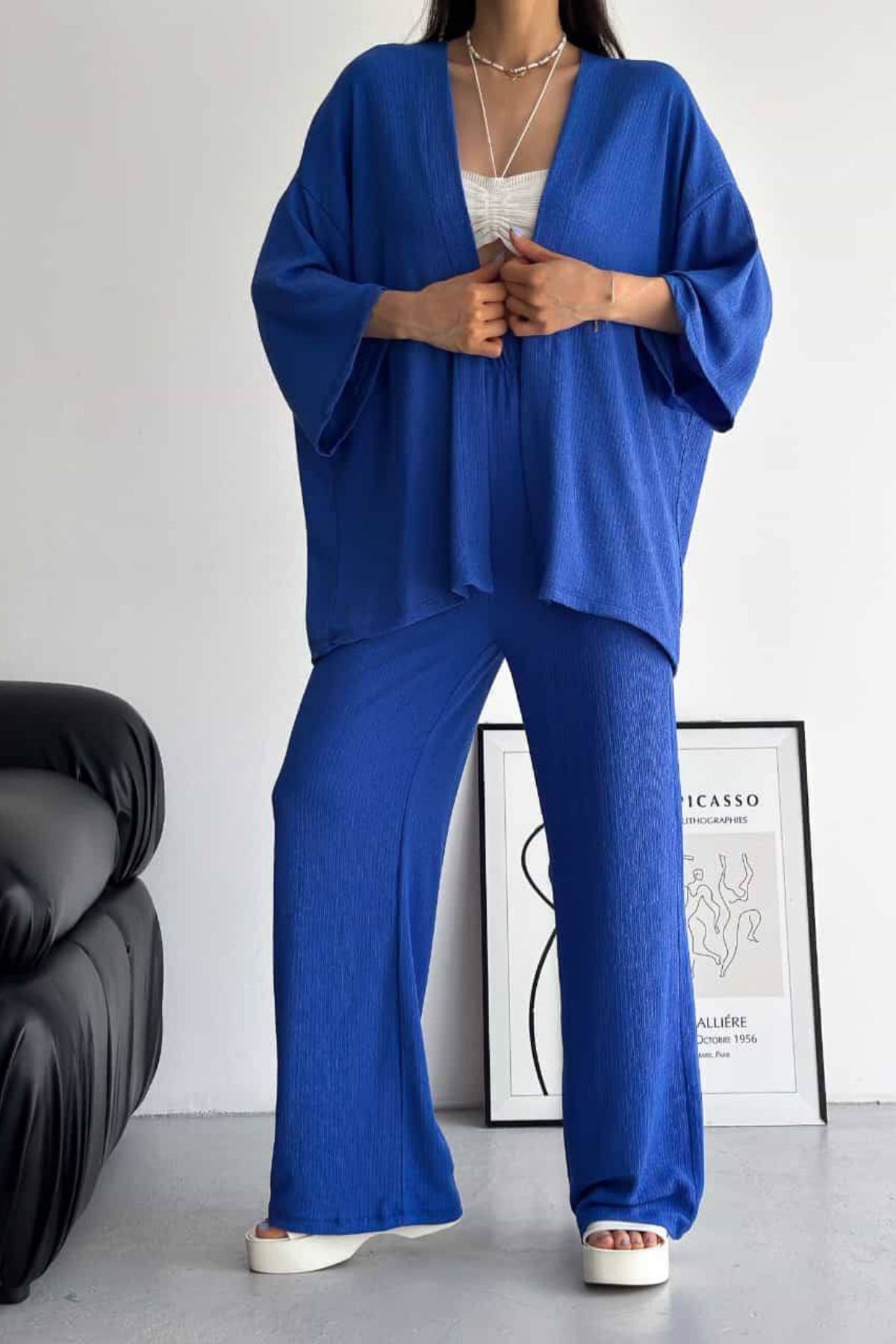 rşnmoda Kadın Mavi Bol Paça Palazzo Kimono Alt Üst Takım