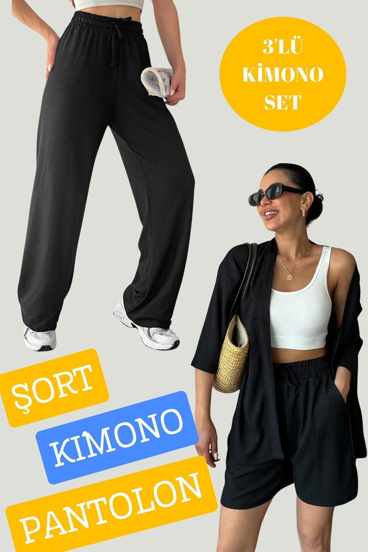 rşnmoda Kadın Düz Renk Rahat Kesim 3'Lü Set Kimono şort pantolon Takım