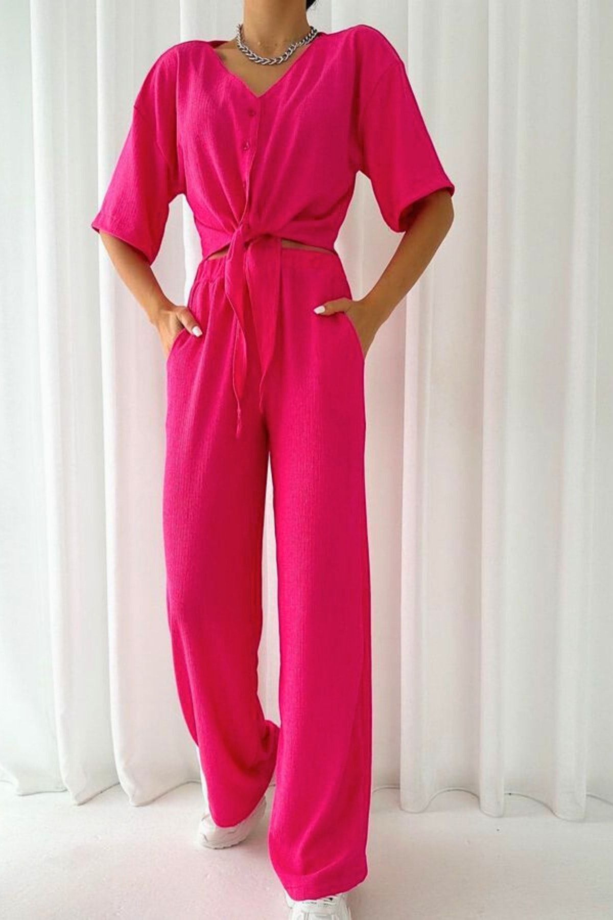 rşnmoda Fuşya Önden Bağlamalı Crop Palazzo Alt Üst Takım